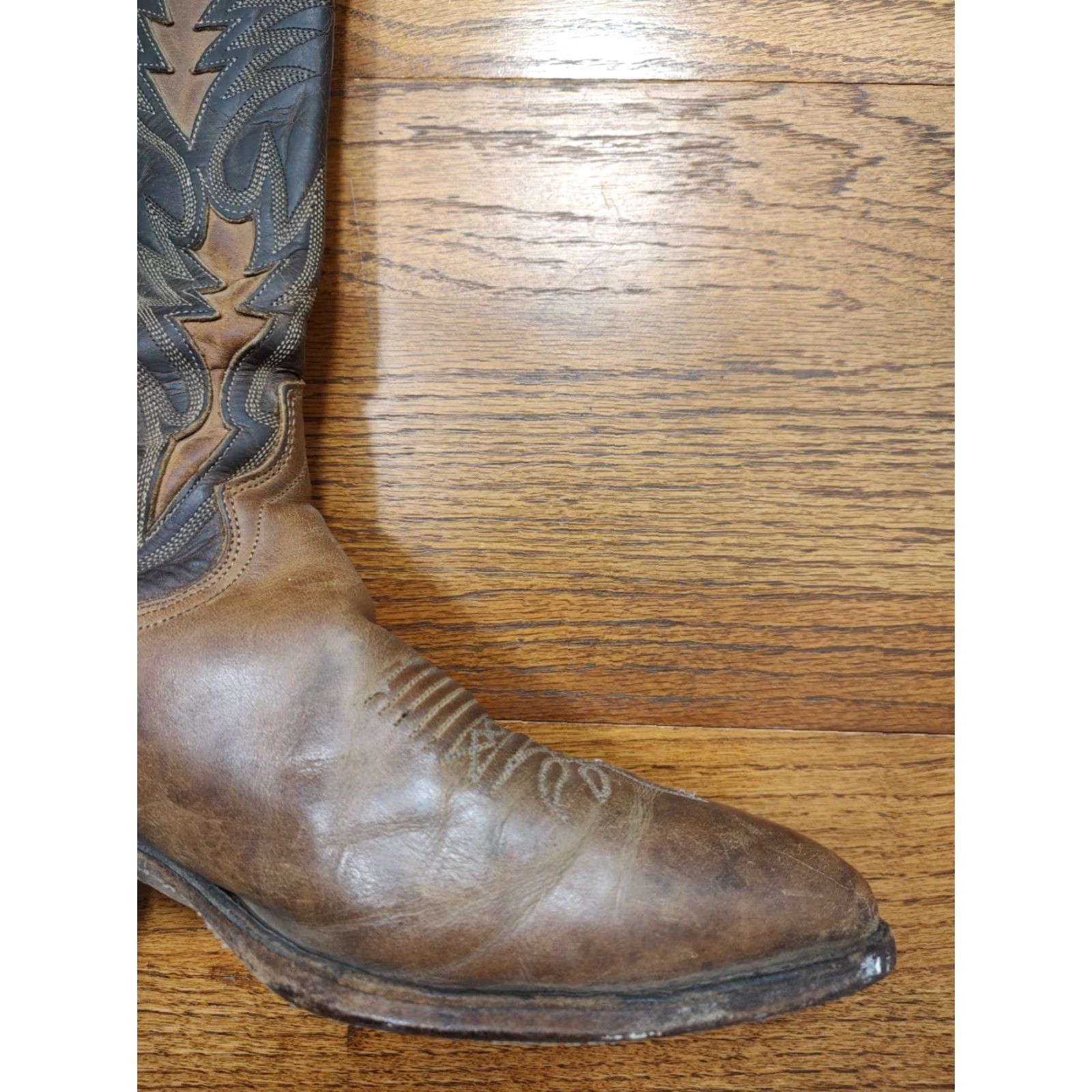 Dan Post VINTAGE Dan Post Boots Western Cowboy Leather Inlay Embroidered 10 D Black Brown Mid-Calf USA Men’s Western Boots Size US 10 / EU 43 - 6 Thumbnail