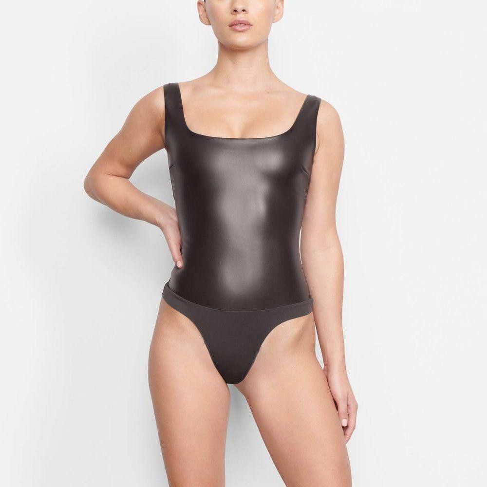 Designer Ct1169a Skims Nwt Faux Leather Scoop Bodysuit Soot 4x Size M / US 6-8 / IT 42-44 - 2 Thumbnail