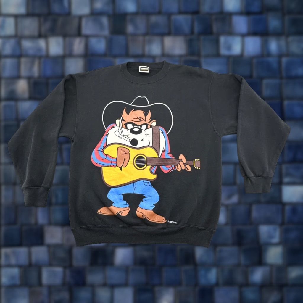 Vintage VINTAGE Looney Tunes VTG 90s Taz Big Face Cowboy Guitar Front/Back Sweatshirt L Green Men Pullover Crew Neck Graphic Print Size US L / EU 52-54 / 3 - 1 Thumbnail