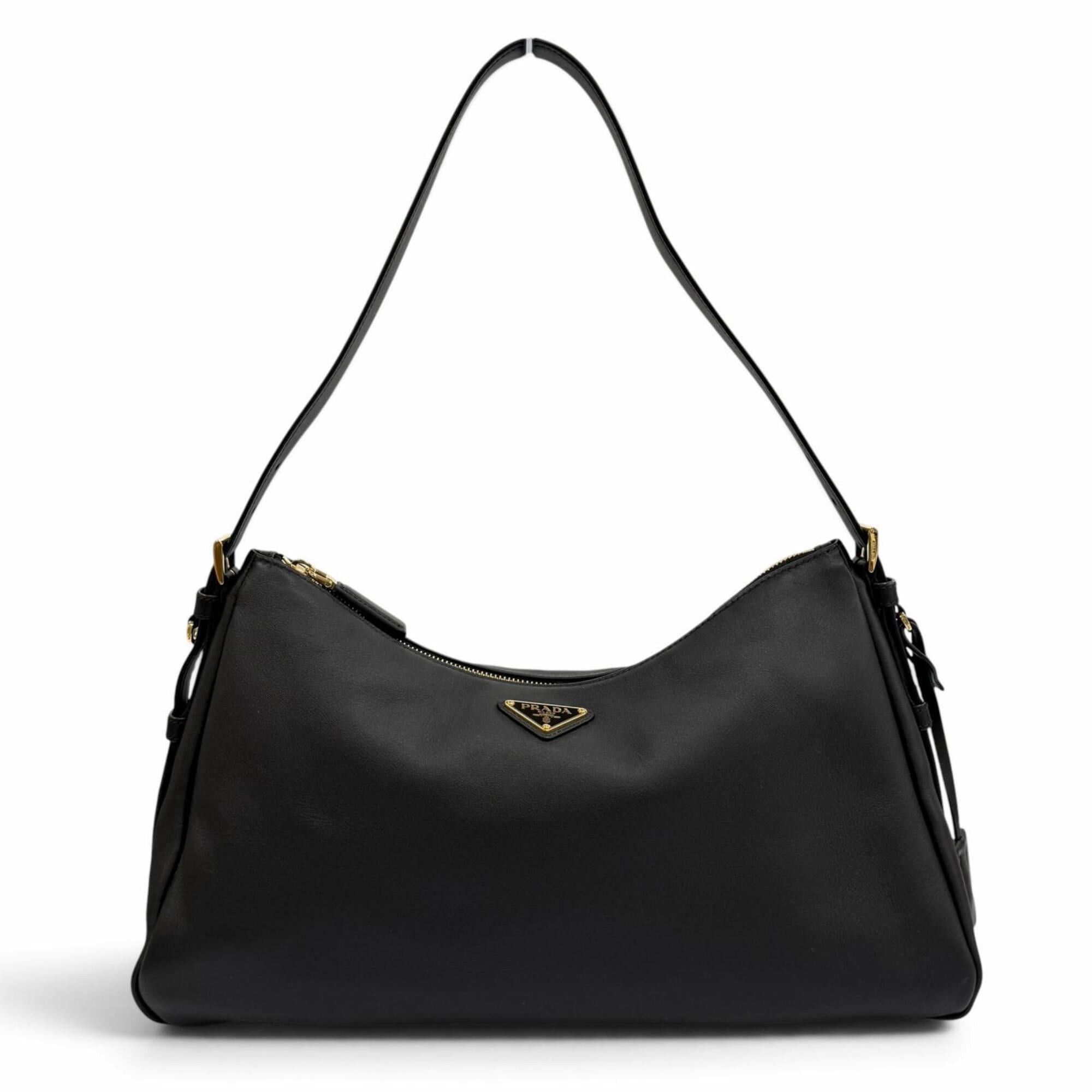 Prada PRADA 1BC228 Prada Aimé Large Soft Grain Leather Shoulder Bag with Clochette, Triangle Logo, Black, Made in Italy, Women's, Dust Size ONE SIZE - 1 Thumbnail