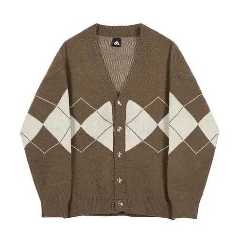 Argyle Knit Cardigan Sweater Pullover