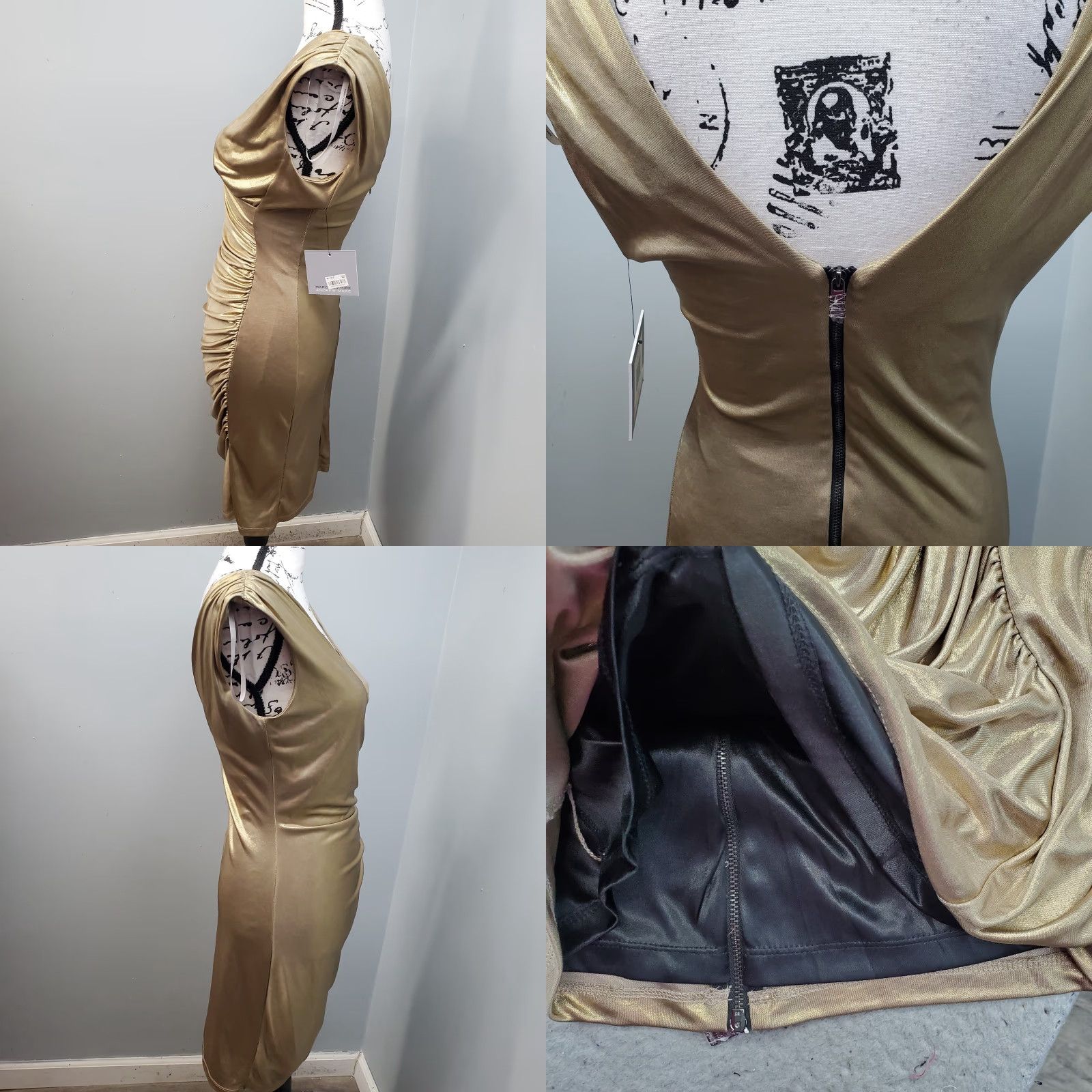 Vintage Andrew Marc New York Womens 2 Gold Sleeveless Ruched Waist Sheath Dress Midi Back Zip V-Neck Shirt Dress Size XS / US 0-2 / IT 36-38 - 8 Thumbnail