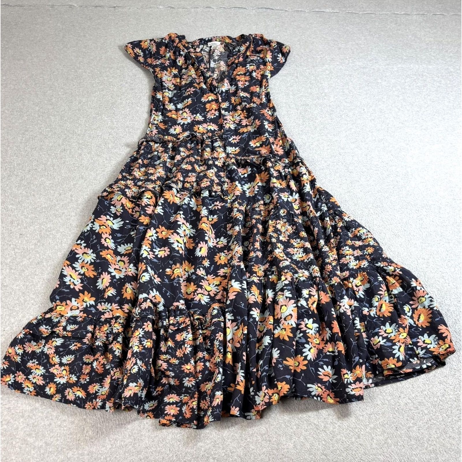 Vintage Sundance Dress Women XS Blue Floral Maxi Ruffle Sundress Boho Lined Tiered Long Cap Sleeve V-Neck Pullover Size XS / US 0-2 / IT 36-38 - 2 Thumbnail