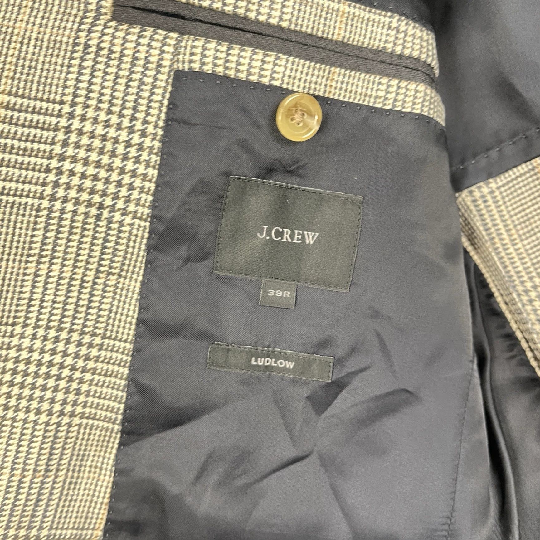 J.Crew J.CREW Sport Coat Blazer - Men 39R Beige Linen Silk Tweed Plaid Glen Check Regular Notch Lapel Two-Button Glen Plaid Casual Sport Coat Size 40R - 3 Thumbnail