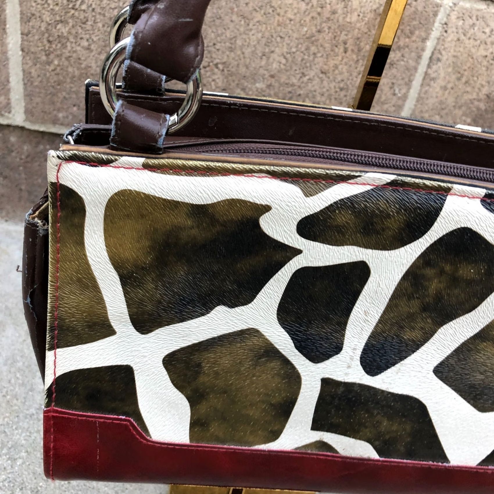 Vintage MICHE Vegan Leather Satchel Purse Women's Top Handle Giraffe Print Bag Crossbody Brown/Beige Medium Handbag Ladies Womens Size M / US 6-8 / IT 42-44 - 3 Thumbnail