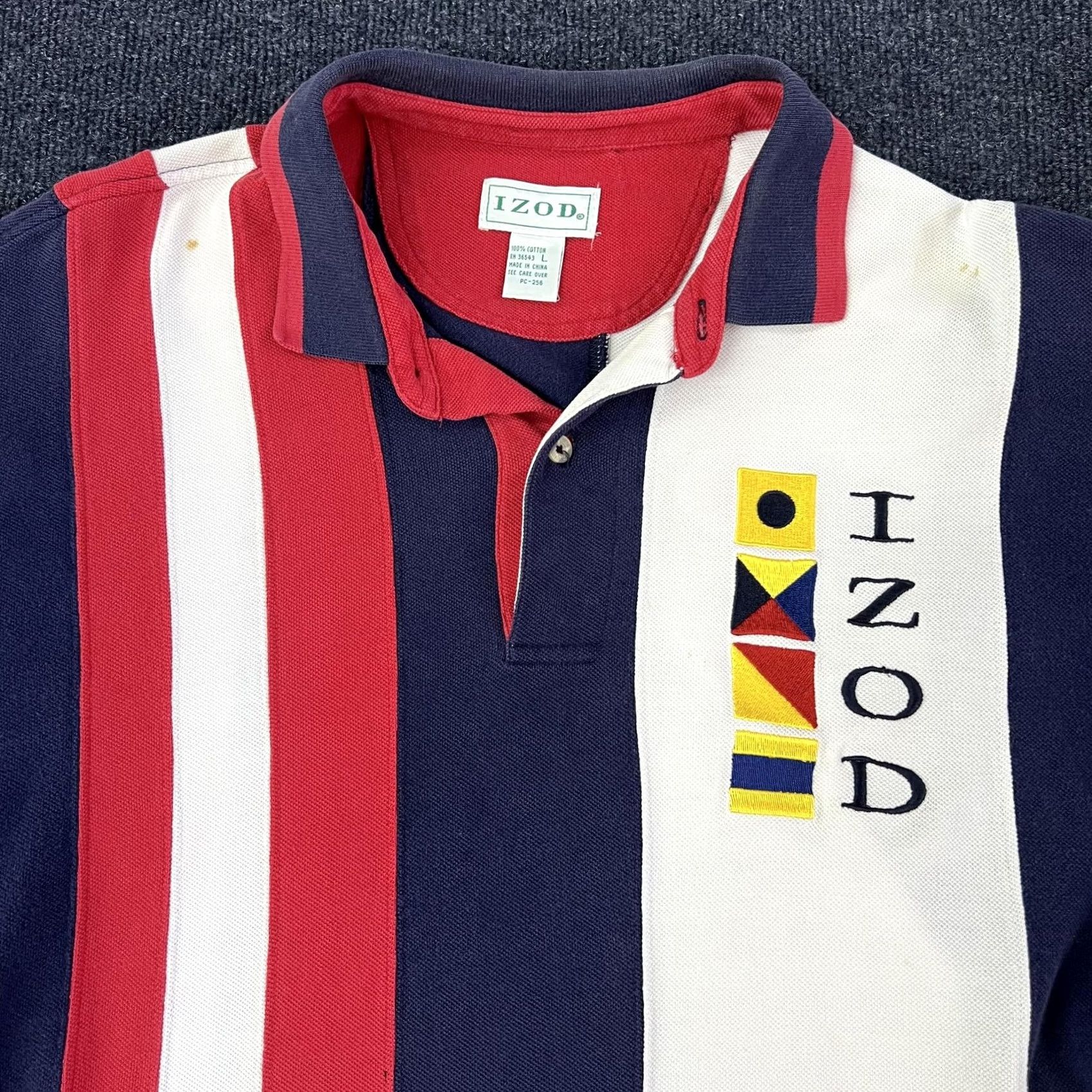 Izod VINTAGE Izod Polo Shirt Men L Navy Red White Striped Nautical Flag Embroidered Logo 100% Cotton Size US L / EU 52-54 / 3 - 3 Thumbnail