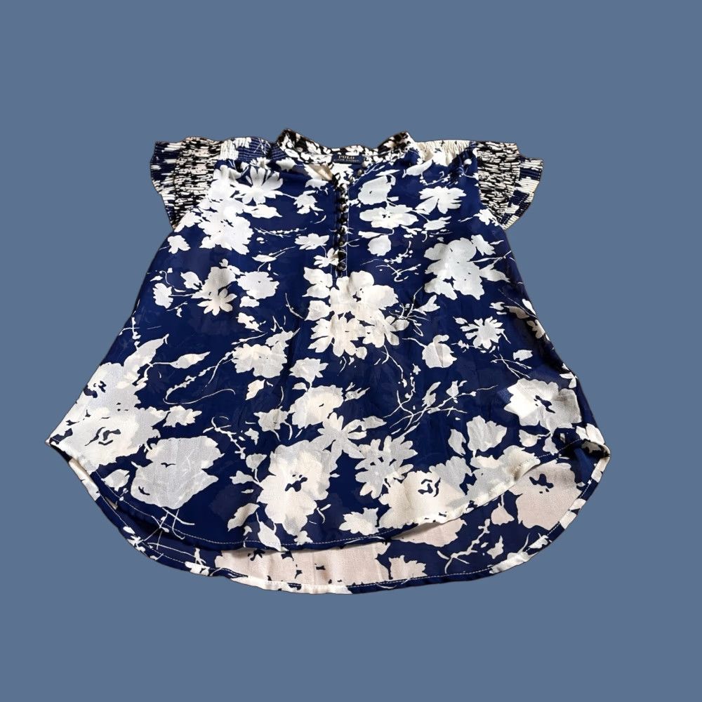 Polo Ralph Lauren Polo Ralph Lauren Blouse Womens Small Floral Blue Crepe Cap Sleeve Button Pleated Short Sleeve Size S / US 4 / IT 40 - 1 Thumbnail