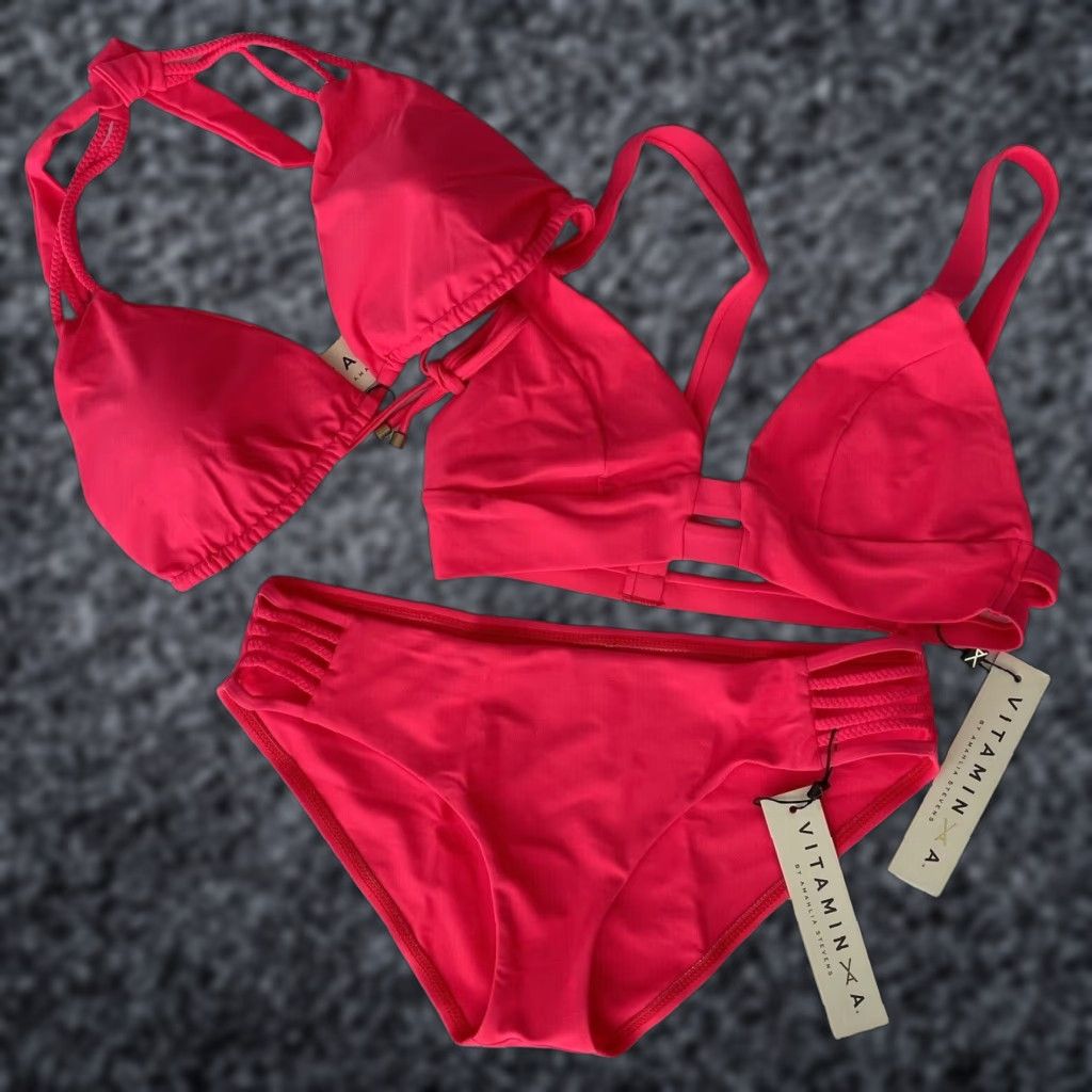 Vintage VITAMIN A 3pc Bikini Jaydah Braided Full Bottom Electra Ecolux / Neutra Top 12 D XL Pink Cheek Size XL / US 12-14 / IT 48-50 - 1 Thumbnail