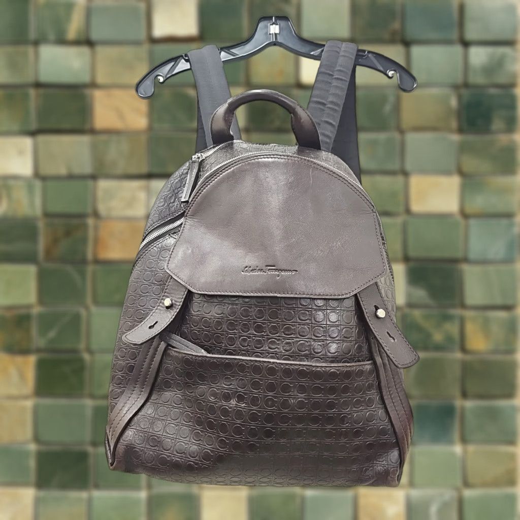 Salvatore Ferragamo Salvatore Ferragamo Backpack Leather Embossed All Over Pattern Black Men Backpack Pockets 2 Distressed Leather Size ONE SIZE - 1 Thumbnail