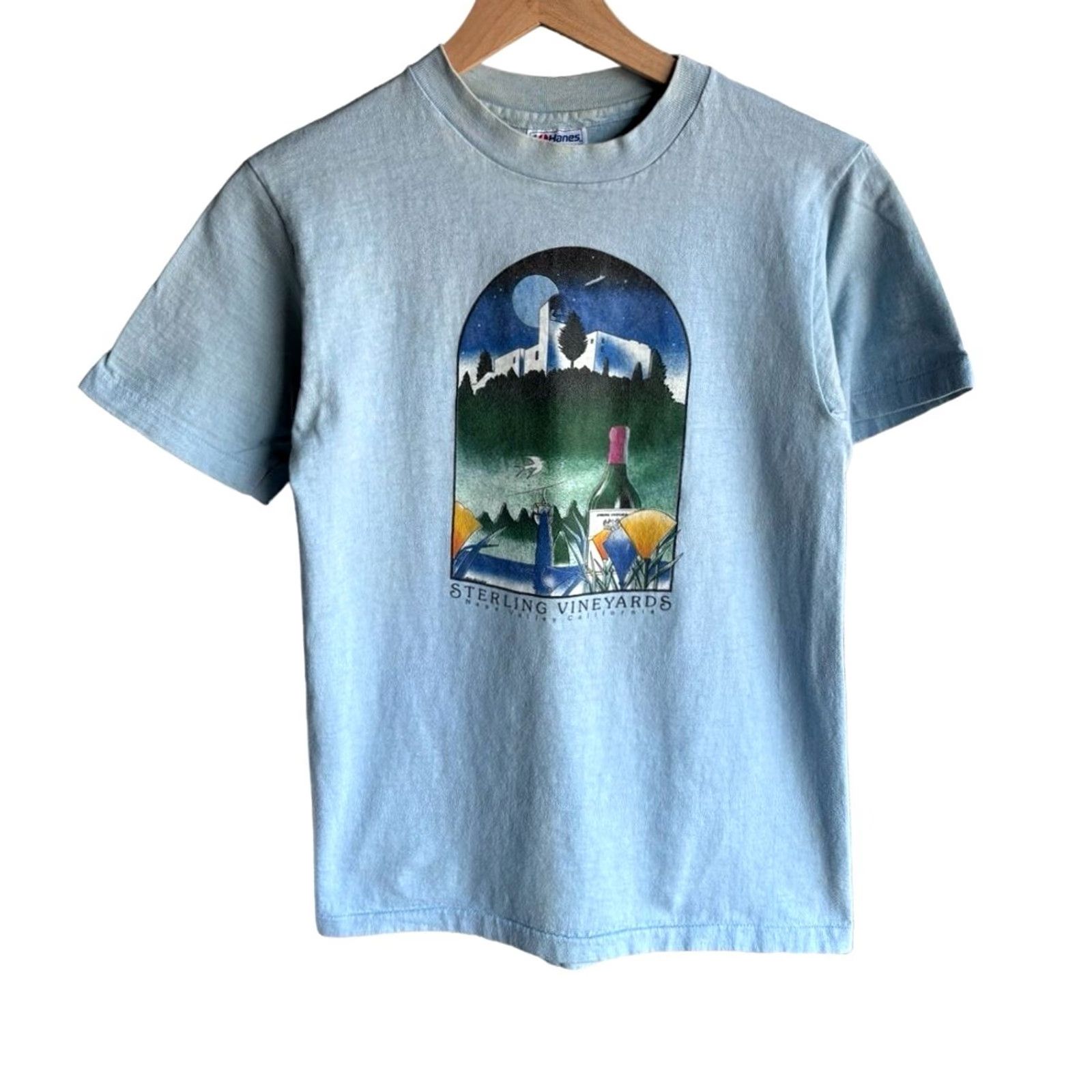 Hanes VINTAGE Hanes Sterling Vineyards Tee S Cotton Crew Neck Short Sleeve Blue 80s 90s Art USA Mens T-Shirt Size US S / EU 44-46 / 1 - 2 Thumbnail