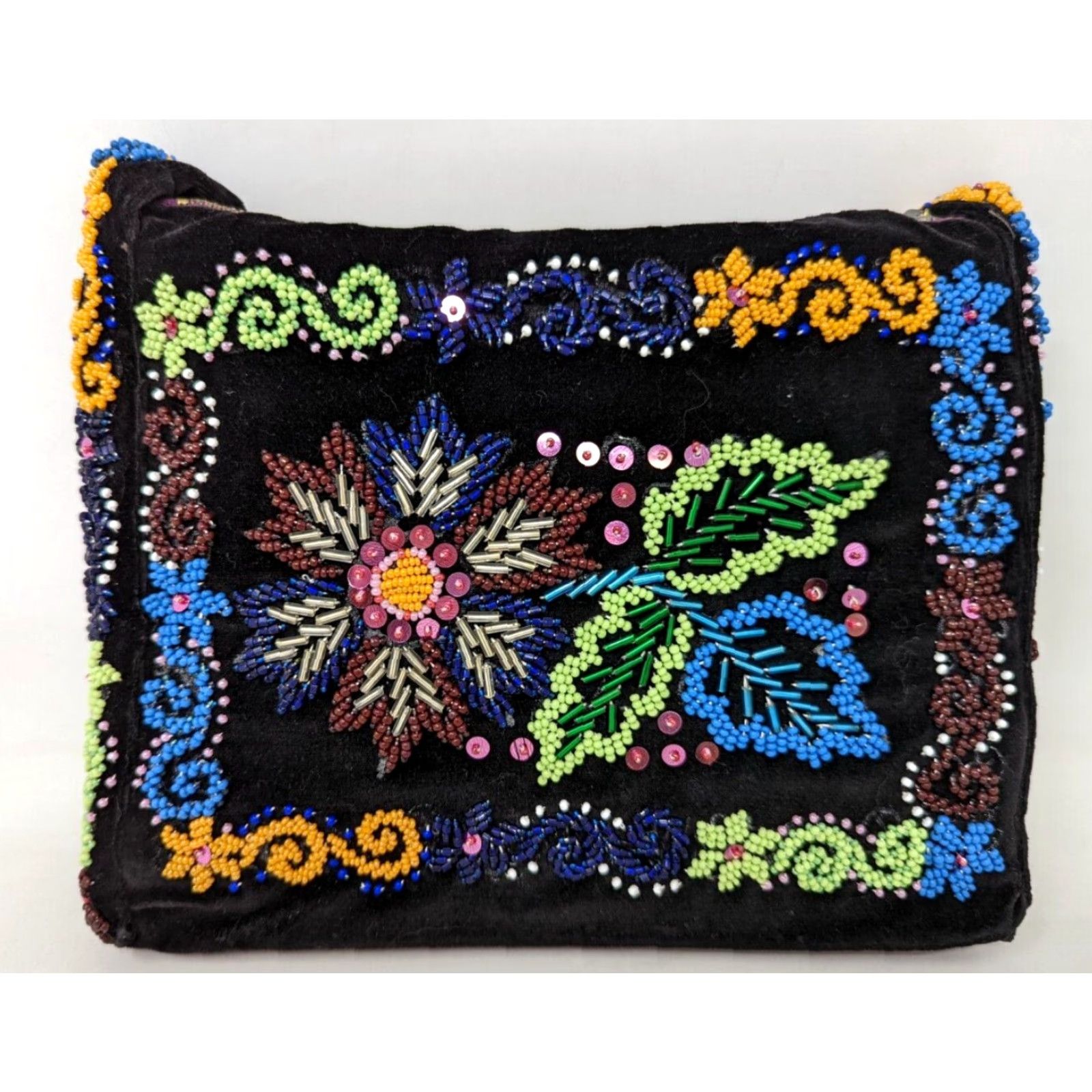 Velvet VTG Black Velvet Floral Beaded Embellished Bag Handbag Purse Women KP21 Antique Size ONE SIZE - 3 Thumbnail