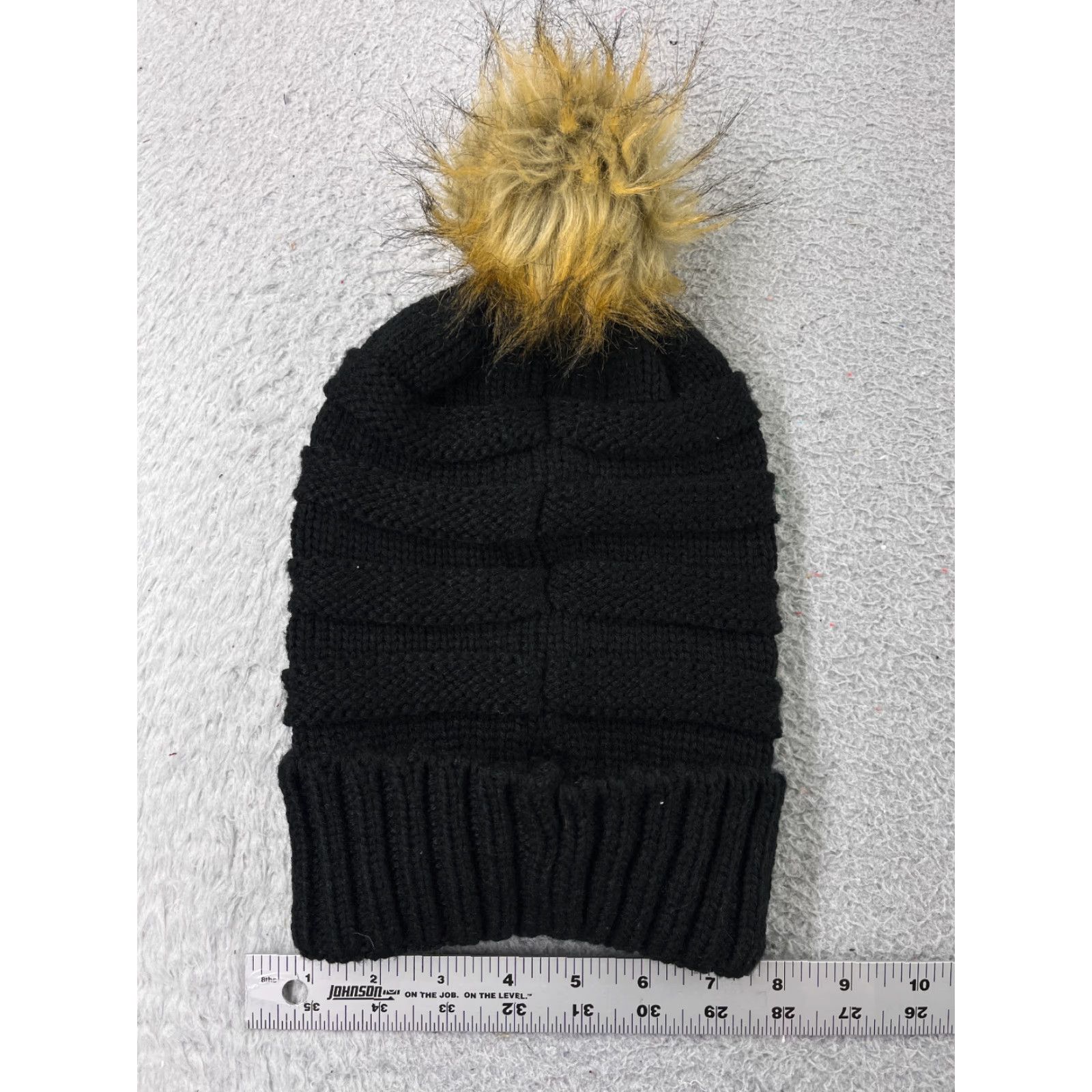 Vintage Beanie Womens Toque One Size Black Ribbed Knit 100% Acrylic Faux Fur Pom Ski Size ONE SIZE - 3 Thumbnail