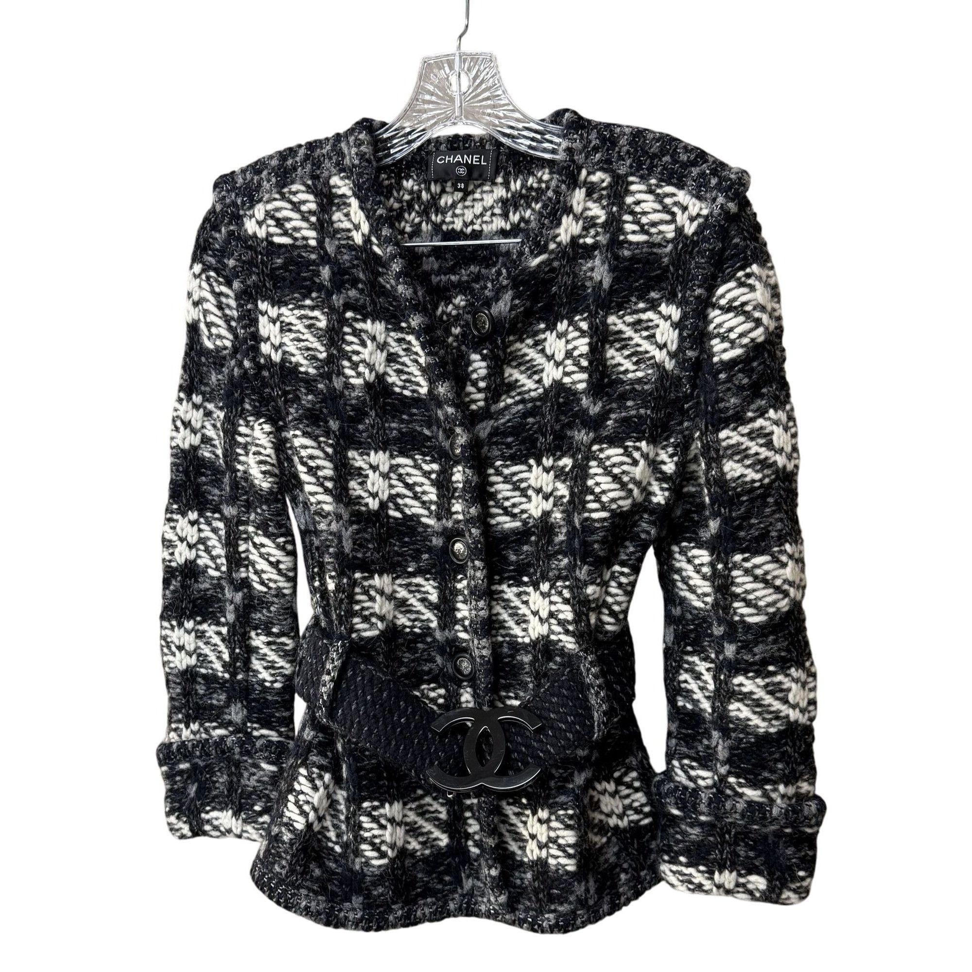Chanel Black & White Wool Blend Plaid Jacket With Belt & But