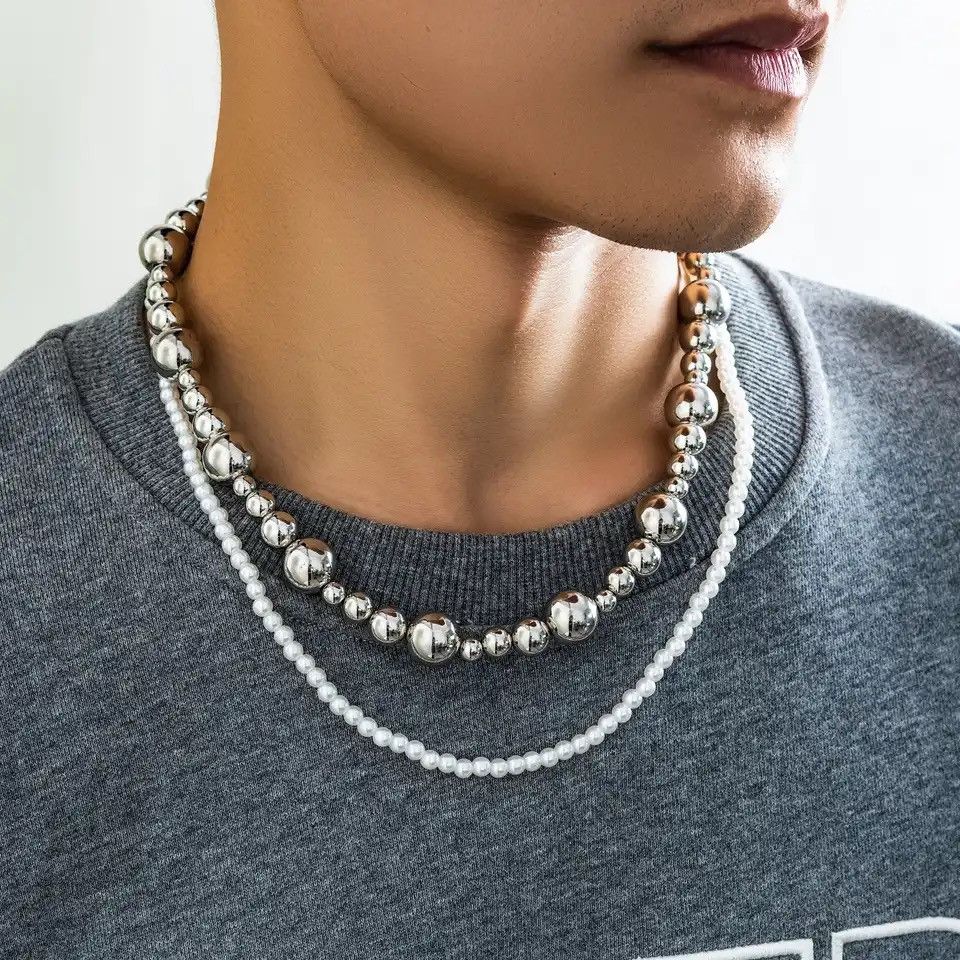 Jewelry x Vintage Pearl Fine Bead Choker Metal Ccb Beads Clavicle Necklace in Silver, Men's