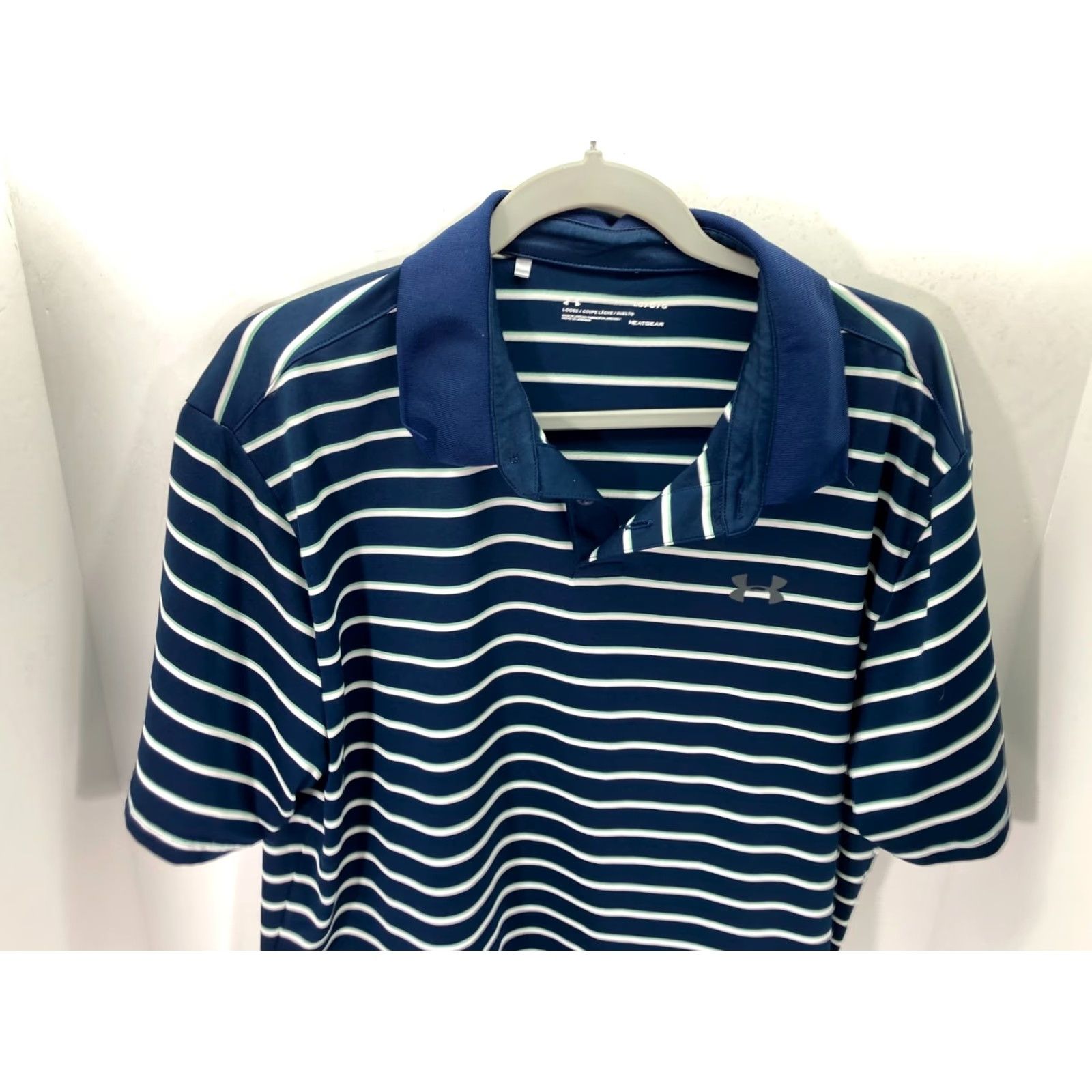 Under Armour Under Armour HeatGear Polo Shirt Mens L Blue White Striped Golf Performance Logo Short Sleeve Loose Fit Size US L / EU 52-54 / 3 - 4 Thumbnail