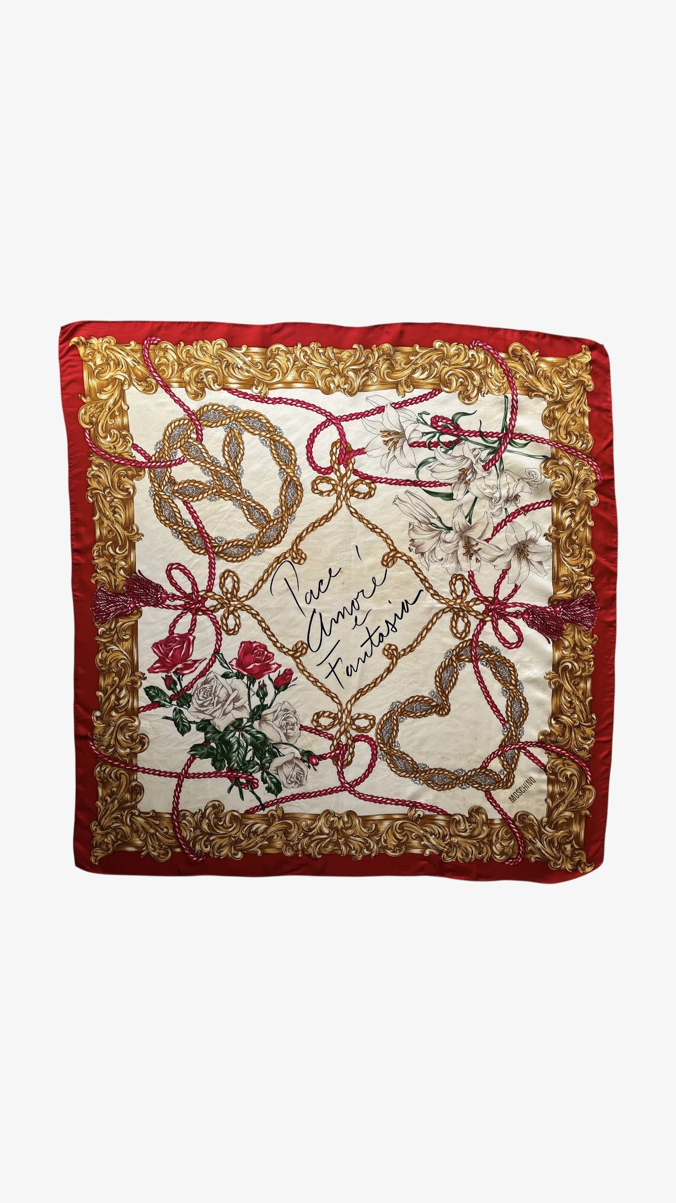 Moschino Vintage 90s Moschino Peace Baroque & Floral Print Silk Scarf Size ONE SIZE - 1 Thumbnail