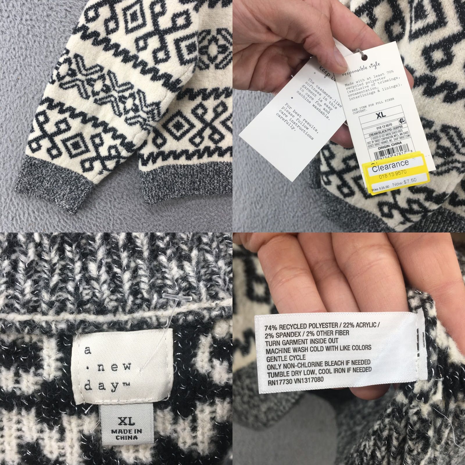 Vintage A New Day Sweaters Womens XL White Crew Neck Long Sleeves Pullover NEW Knit Polyester Argyle/Diamond Casual Size XL / US 12-14 / IT 48-50 - 9 Thumbnail