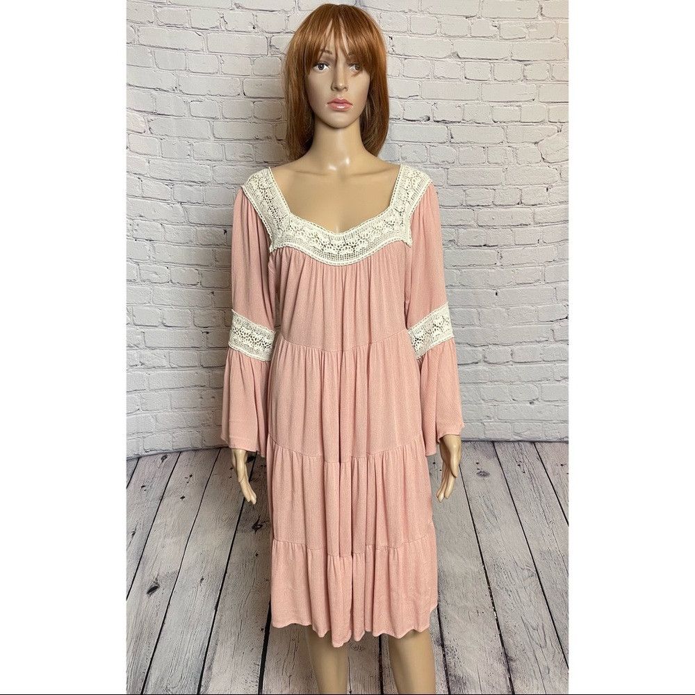 Other My Story Peach Tiered Bell Sleeve Crochet Trim Dress Size L Size L / US 10 / IT 46 - 1 Thumbnail