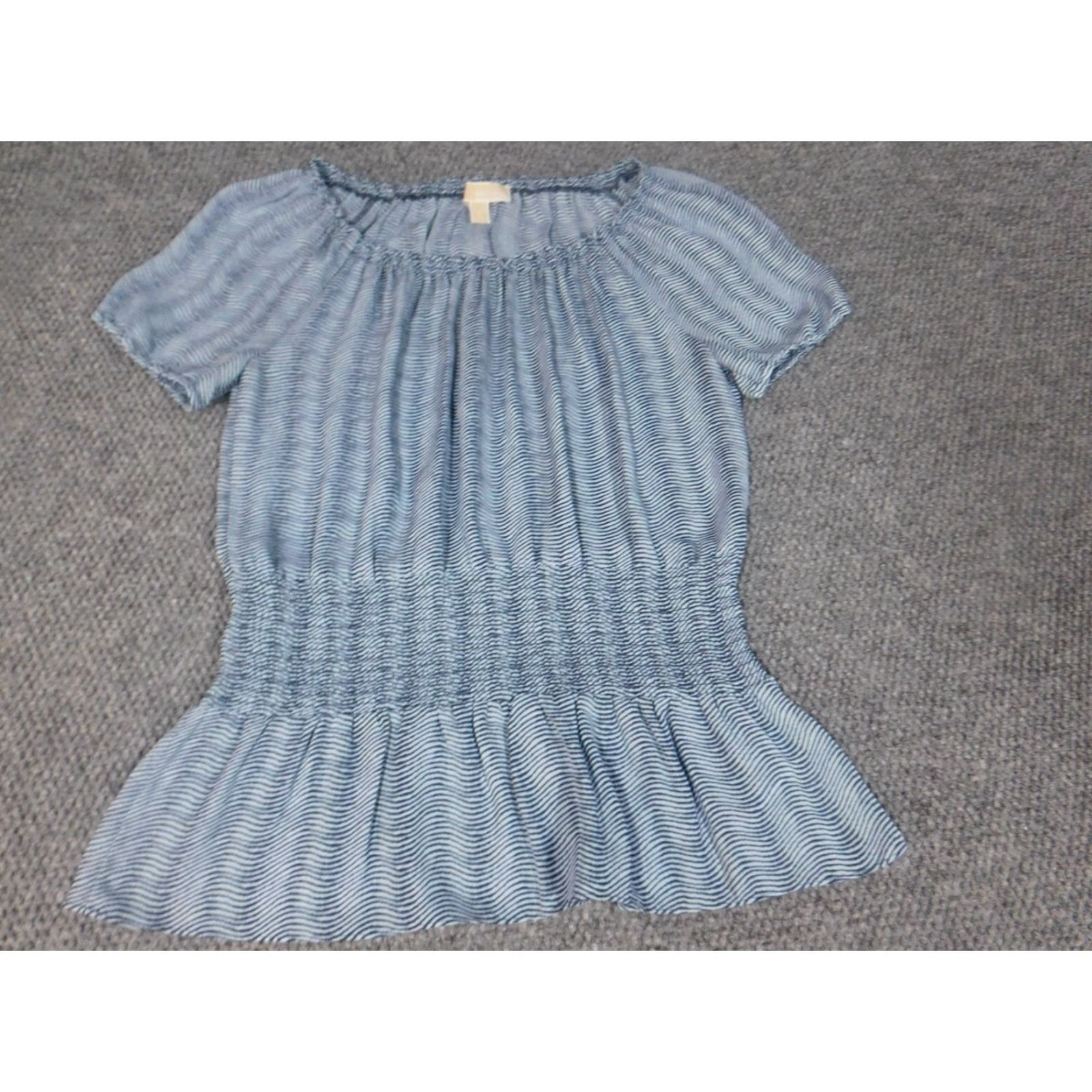 Michael Kors Michael Kors Womens Blouse M Blue Striped Crew Neck Pullover Short Sleeve Dolman Stretch Ruffle Polyester Rayon Casual Classic Regular Modern Size M / US 6-8 / IT 42-44 - 3 Thumbnail