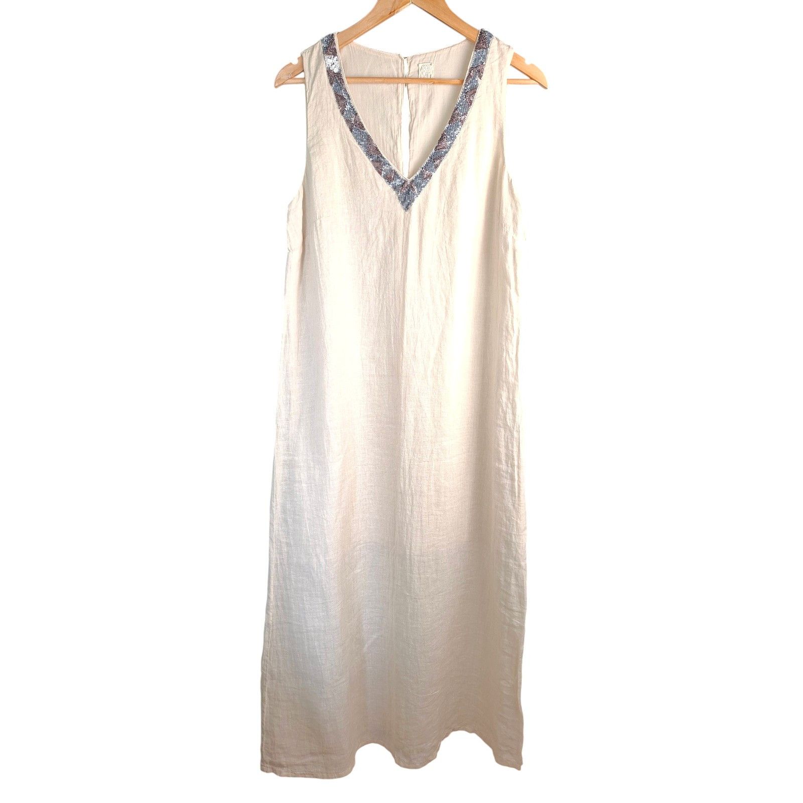 120% Lino 120% Lino Linen Maxi Dress Beige Sequin V-Neck Sleeveless Size M / US 6-8 / IT 42-44 - 1 Thumbnail