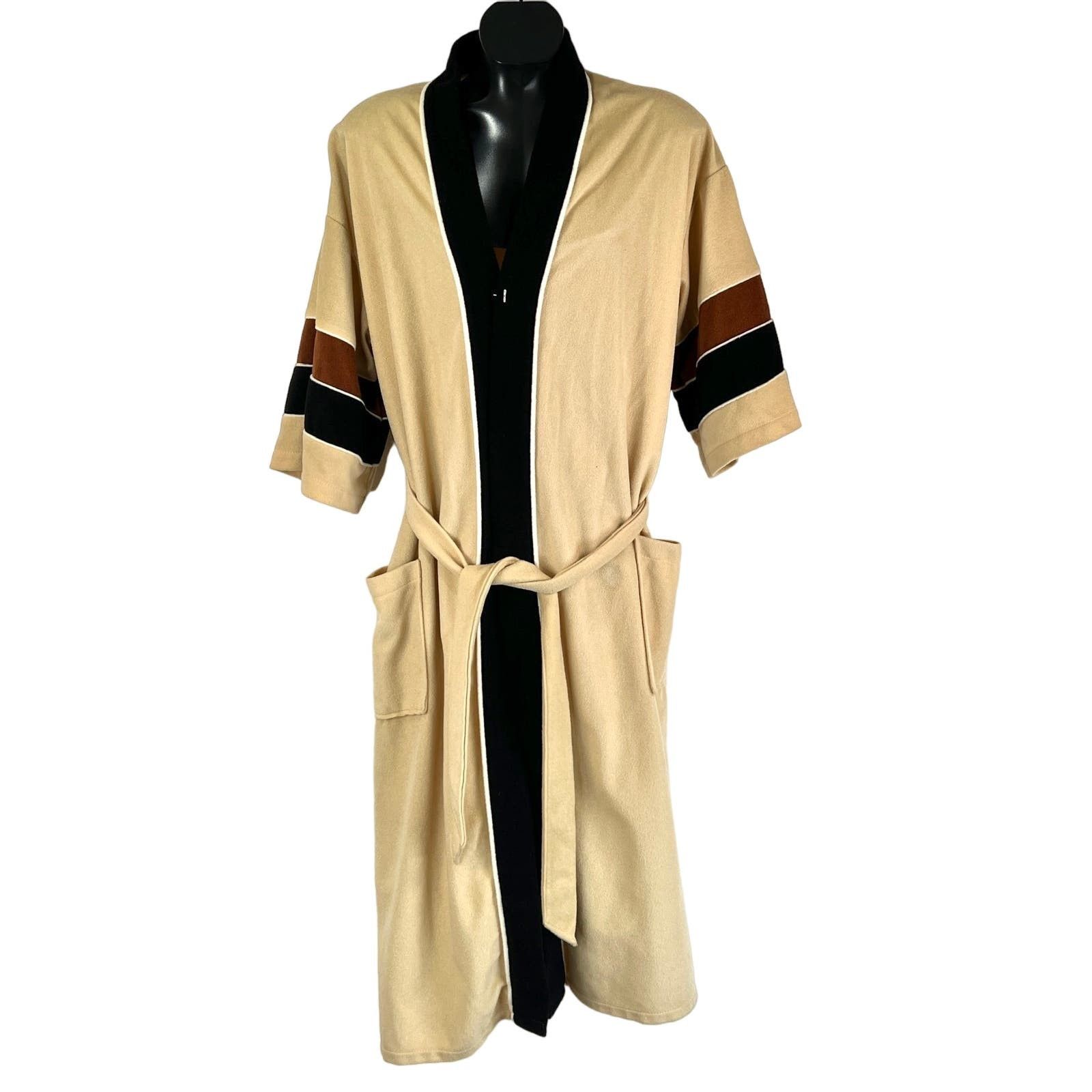 image of Vintage 80's After All Velour Robe Beige Tan Loungewear in Brown, Men's