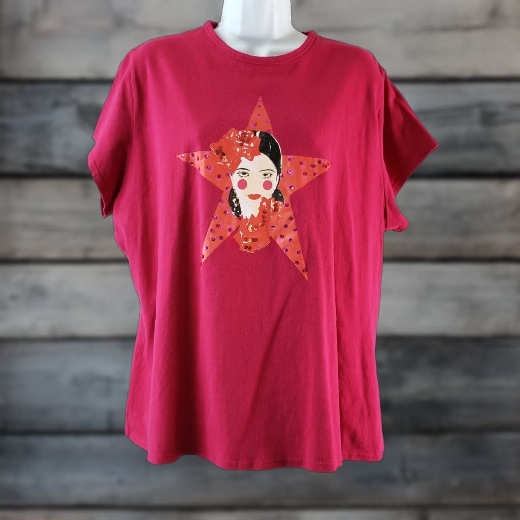 Vintage Anna Scholz Womens Top Size 24 Pink Sequin Short Sleeve Cotton Blend T-Shirt Size 4XL / US 24-26 - 1 Thumbnail