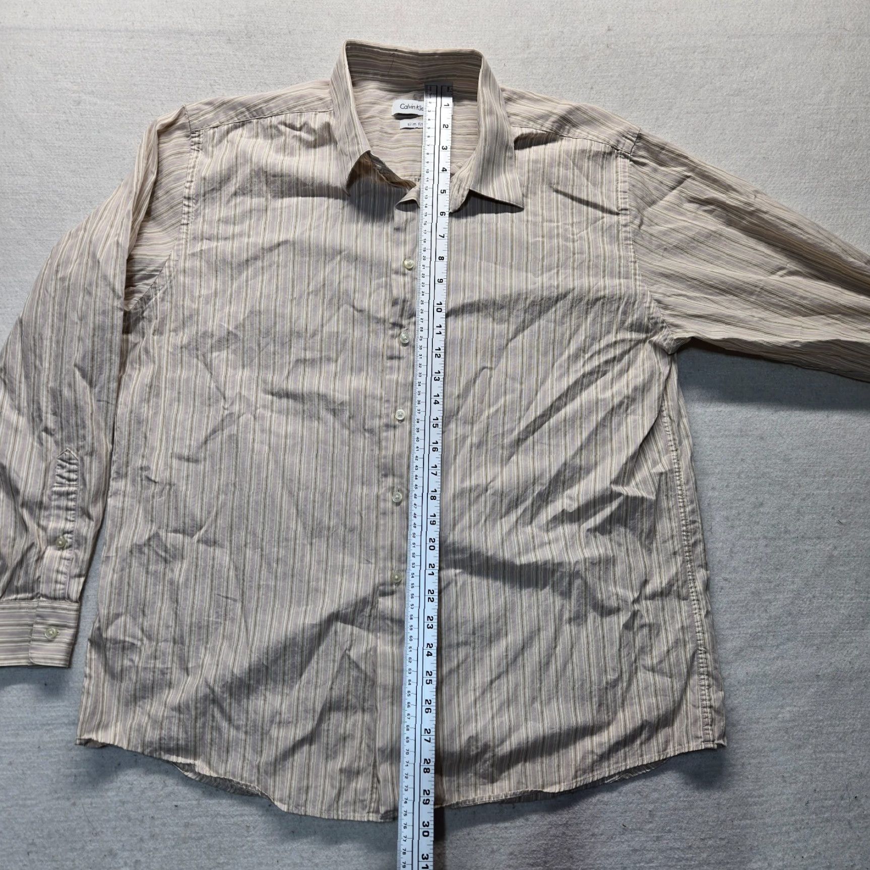 Calvin Klein Calvin Klein CK Slim Fit Button-Up Long Sleeve Dress Shirt Adult Men's Size 17.5 Beige Cotton Buttons-Down Slimming Shirt Mens Size 46R - 7 Thumbnail