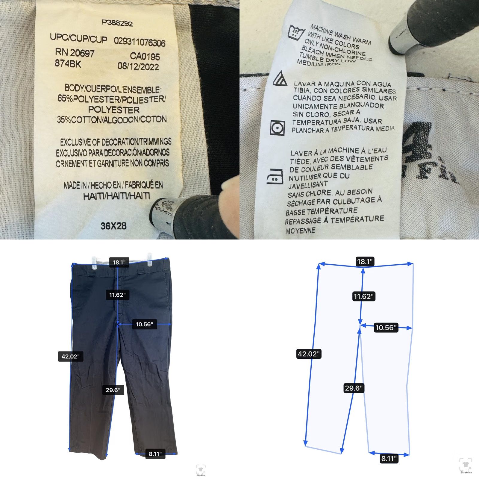 Dickies Dickies 874 Jeans Mens 36x28 Black Dark Wash Relaxed Straight Canvas Zip Fly Logo Pockets 5-Pocket Jean USA 90s Style Mens Size US 36 / EU 52 - 8 Thumbnail
