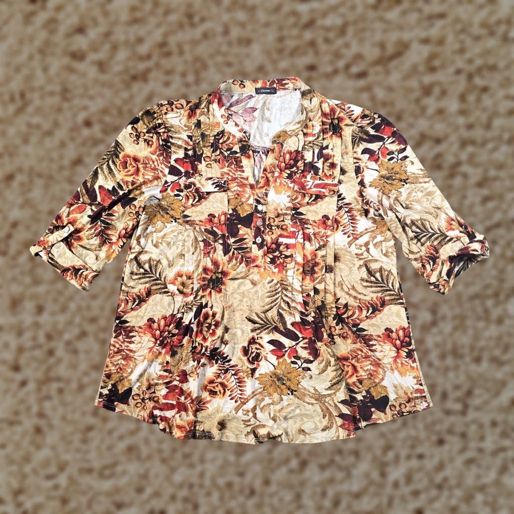 Vintage Cocomo Top Women 1X Brown Floral 3/4 Sleeve V-Neck Stretch No Iron Slinky Casual Career Shirt Size XL / US 12-14 / IT 48-50 - 1 Thumbnail