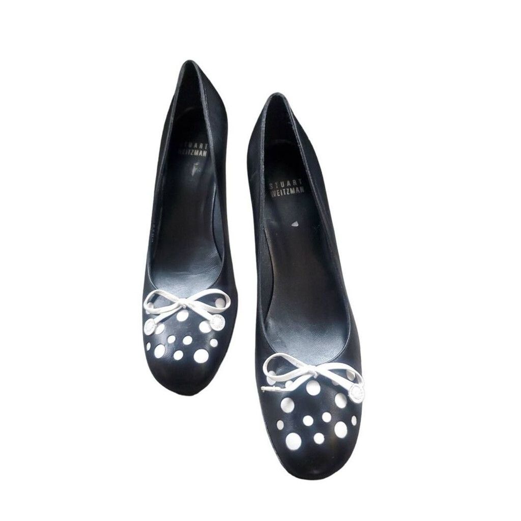 Stuart Weitzman Stuart Weitzman Black Leather Heels White Polka Dots & Bow Size US 7.5 / IT 37.5 - 1 Thumbnail