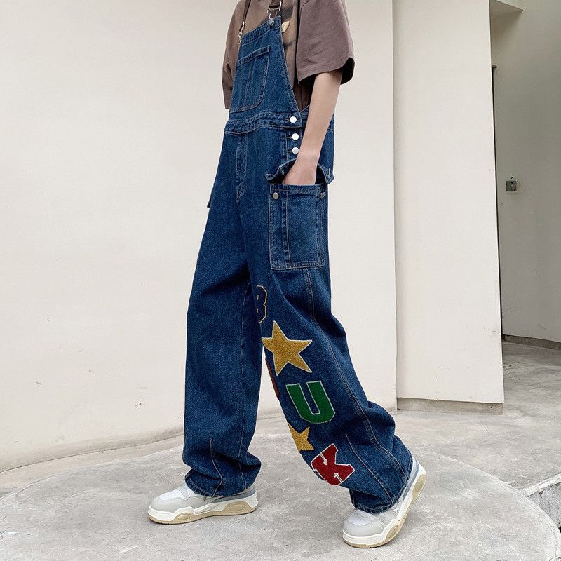 Japanese Brand Retro Men's Loose Straight Leg Embroidered Denim Overalls Size US 32 / EU 48 - 2 Thumbnail