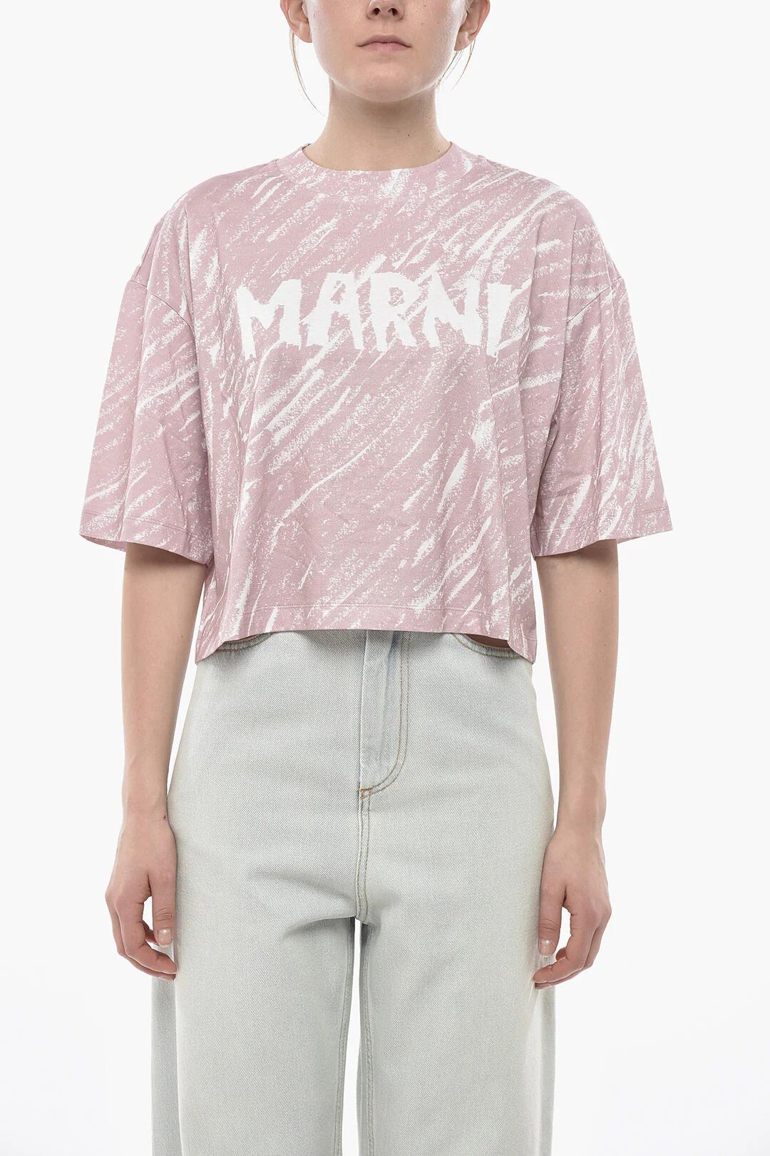 Marni og1mm0326 Printed Cotton Crop T-Shirt in Pink Size S / US 4 / IT 40 - 1 Thumbnail