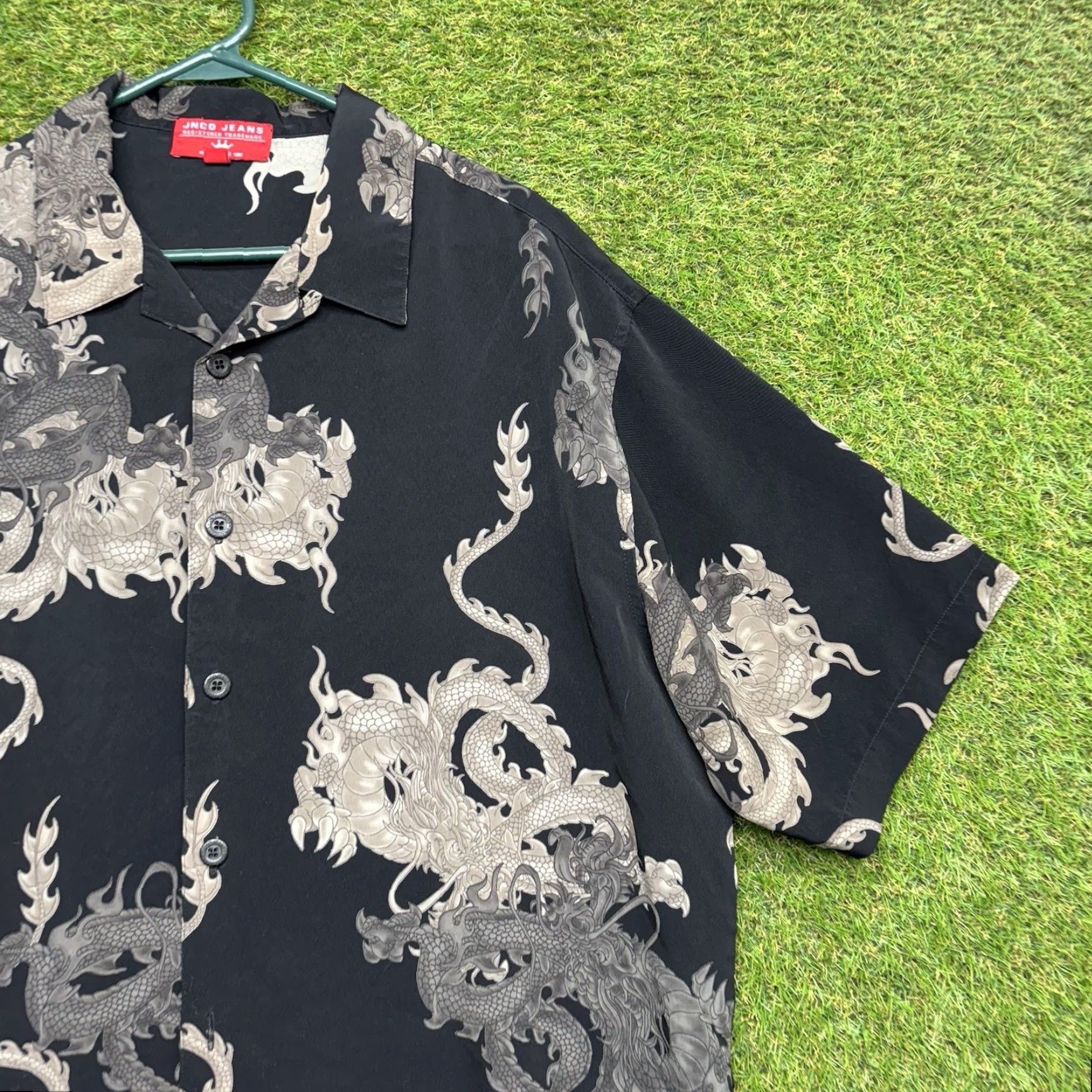 VINTAGE JNCO Shirt Mens XL Tribal Dragon Print Button Up Lightweight AOP black 90s Mens XL Shirt