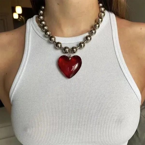 Jewelry Big Red Heart Chain Goth Punk Jewelry Pop Electro Necklace Size ONE SIZE - 1 Thumbnail