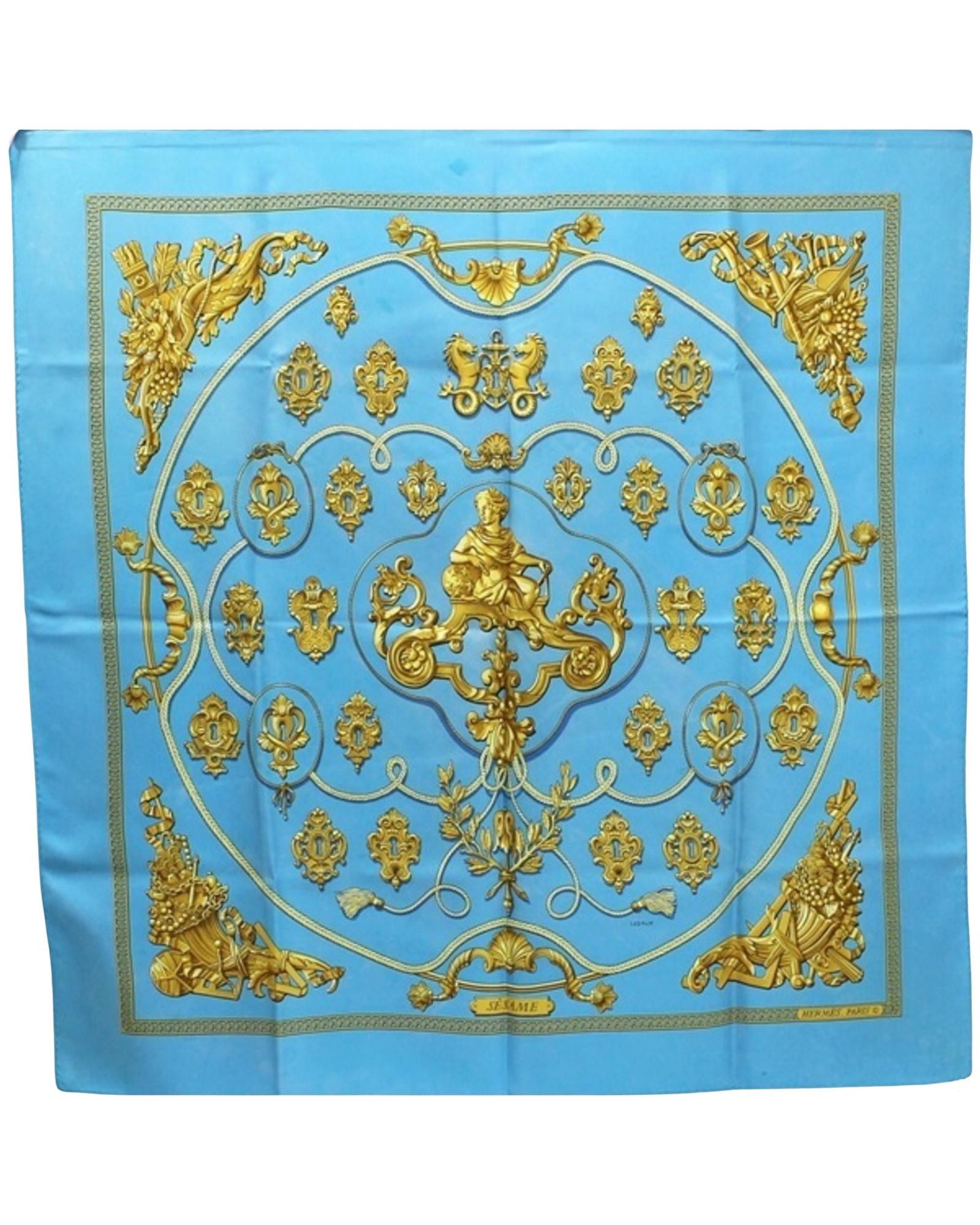 image of Hermes Blue Silk Scarf With Sophisticated Design, Women's