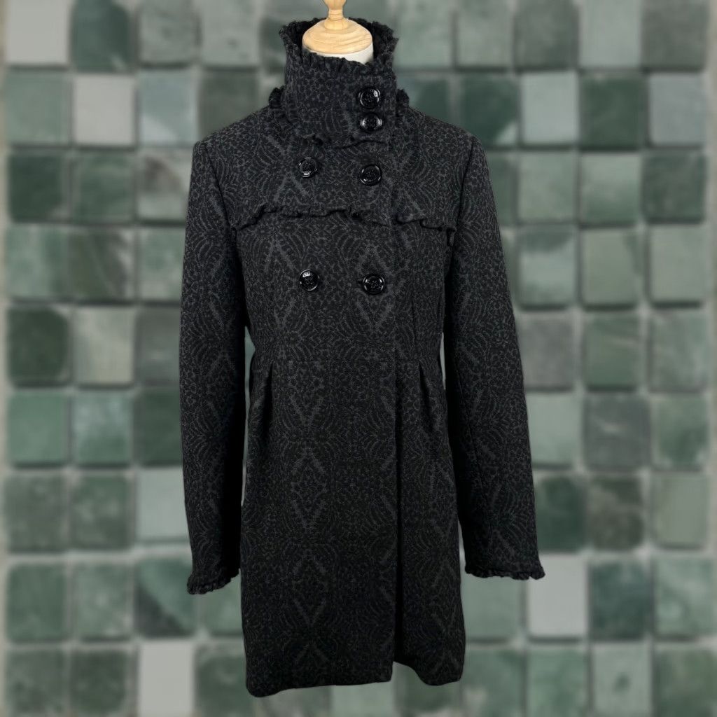 Steve Madden Steve Madden Womens L Pea Coat Grey Black Damask Ruffle Funnel Neck Wool Blend Coat Women L Gray Charcoal Size L / US 10 / IT 46 - 1 Thumbnail