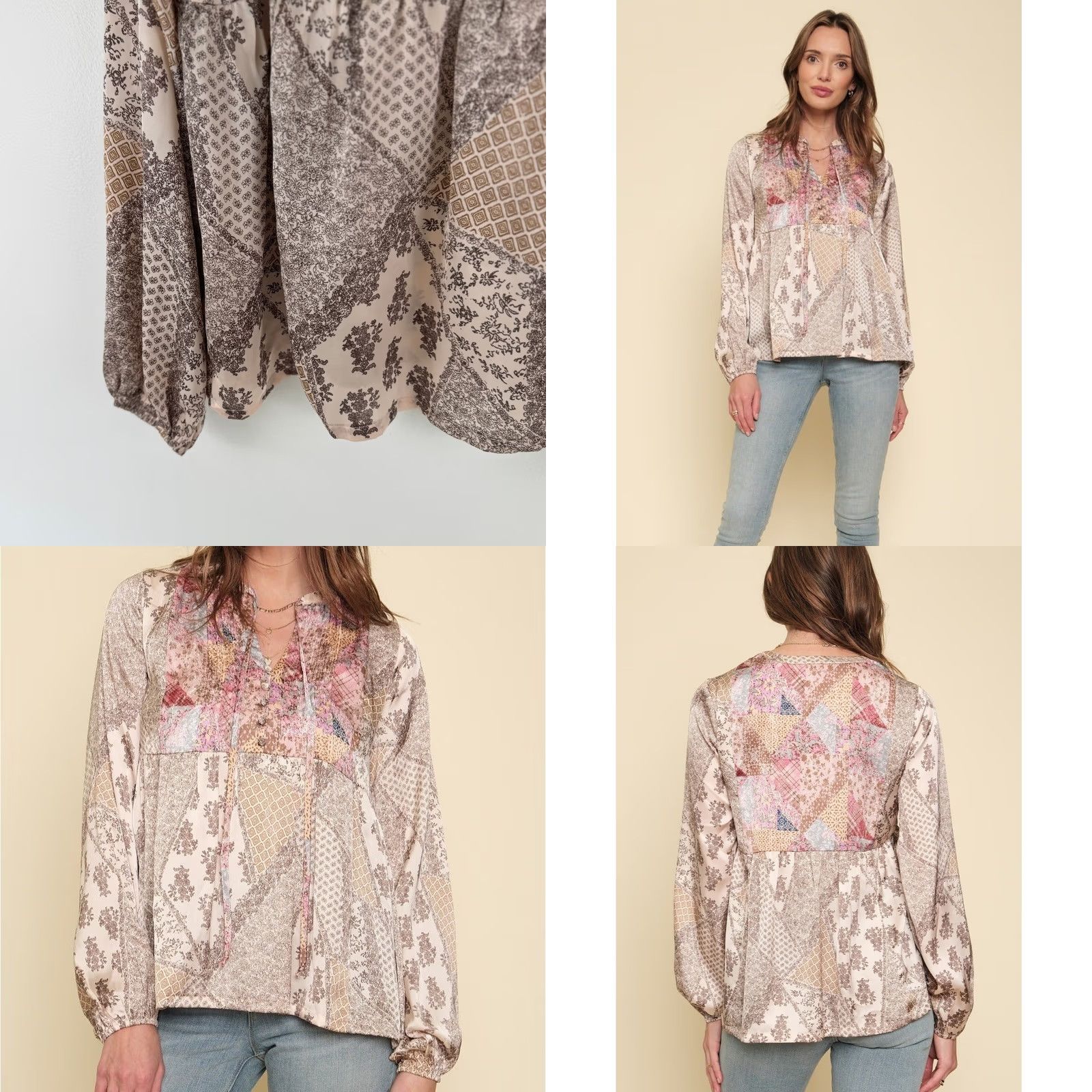Vintage Mystree Blouse Women's Tunic V-Neck Balloon Sleeve Floral Patchwork Bohemian Chiffon Beig e Relaxed Casual Party/Cocktail L Size L / US 10 / IT 46 - 9 Thumbnail