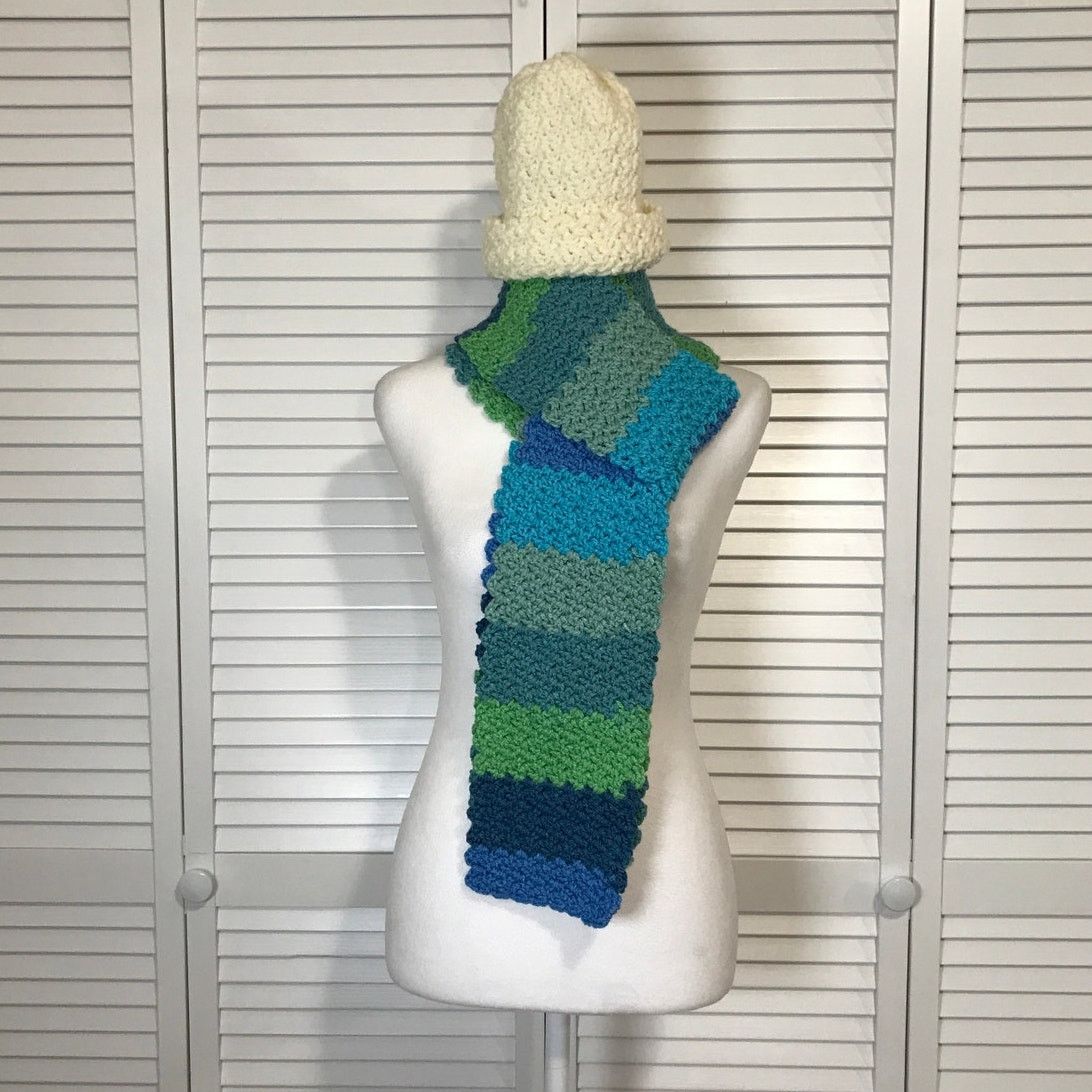 Handmade NWT Handmade Crocheted Multicolor Textured Beanie Scarf 86” Size ONE SIZE - 1 Thumbnail