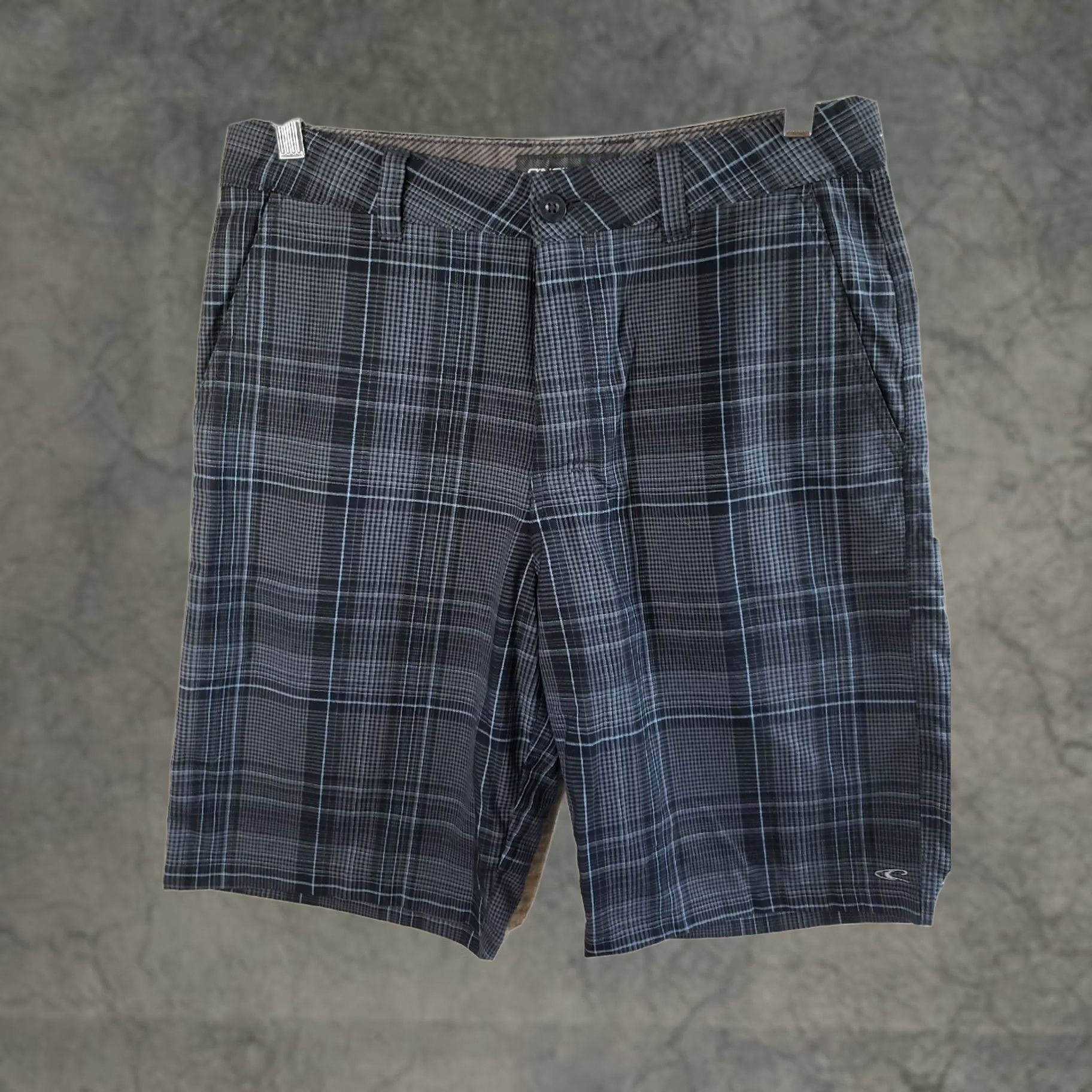 J Brand O’Neill Surf Brand Casual Chino Shorts Men 30x10 Plaid Zip Belt Loops Logo Pockets Gray Blue Black Twill New Size US 30 / EU 46 - 1 Thumbnail