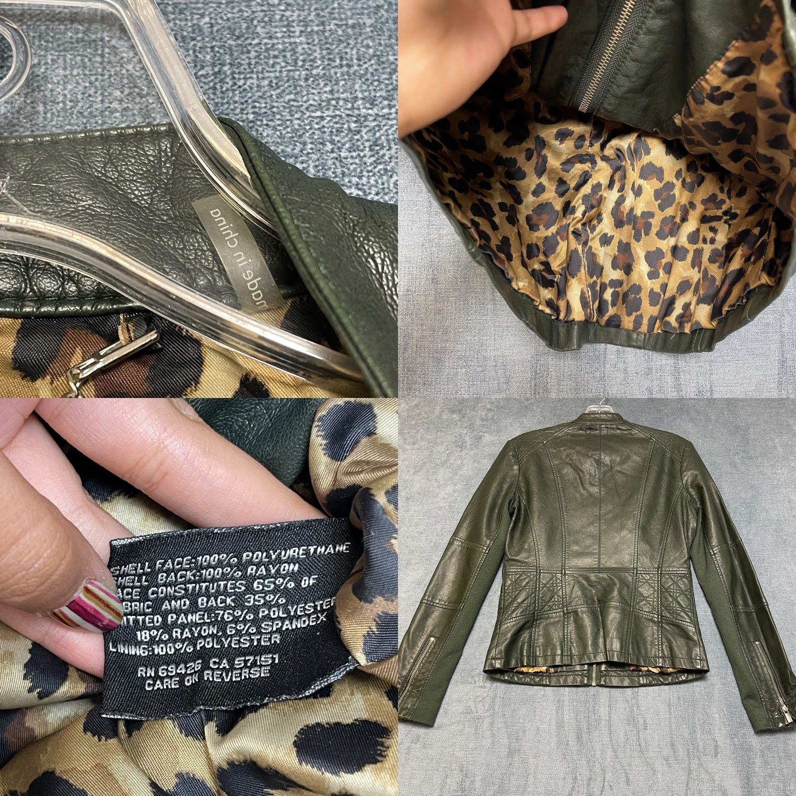 VINTAGE Black Rivet Olive Green Faux Leather Motorcycle Jacket Womens XS Lined Full Zip Green Olive?