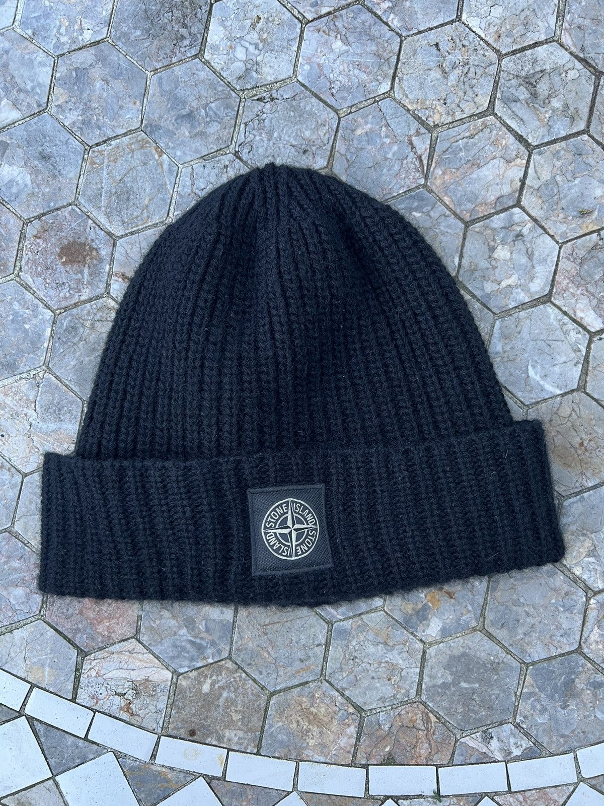 image of Stone Island Wool Beanie Hat in Black, Men's