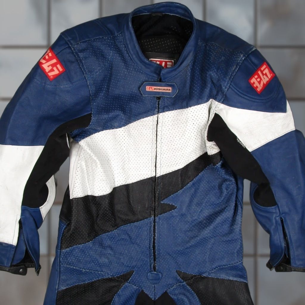 Vintage Yoshimura Racewear by Pilot Motorcycle Jacket Mens Leather Racing Suit Blue White 48 Size 48R - 1 Thumbnail