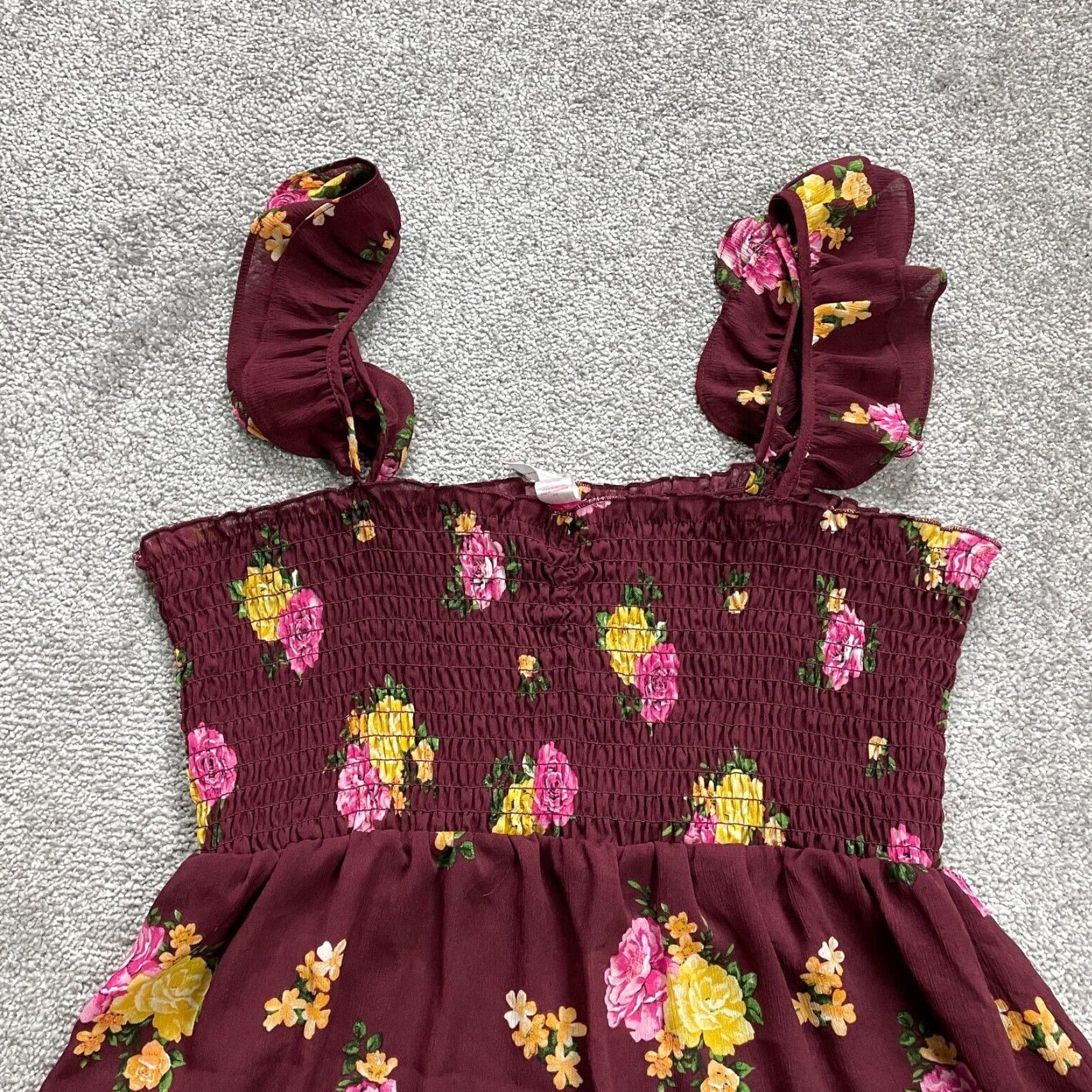 Vintage No Boundaries Smocked Floral Top Womens Juniors 2XL Maroon Sleeveless Ruffles Size XXL / US 16-18 / IT 52-54 - 3 Thumbnail