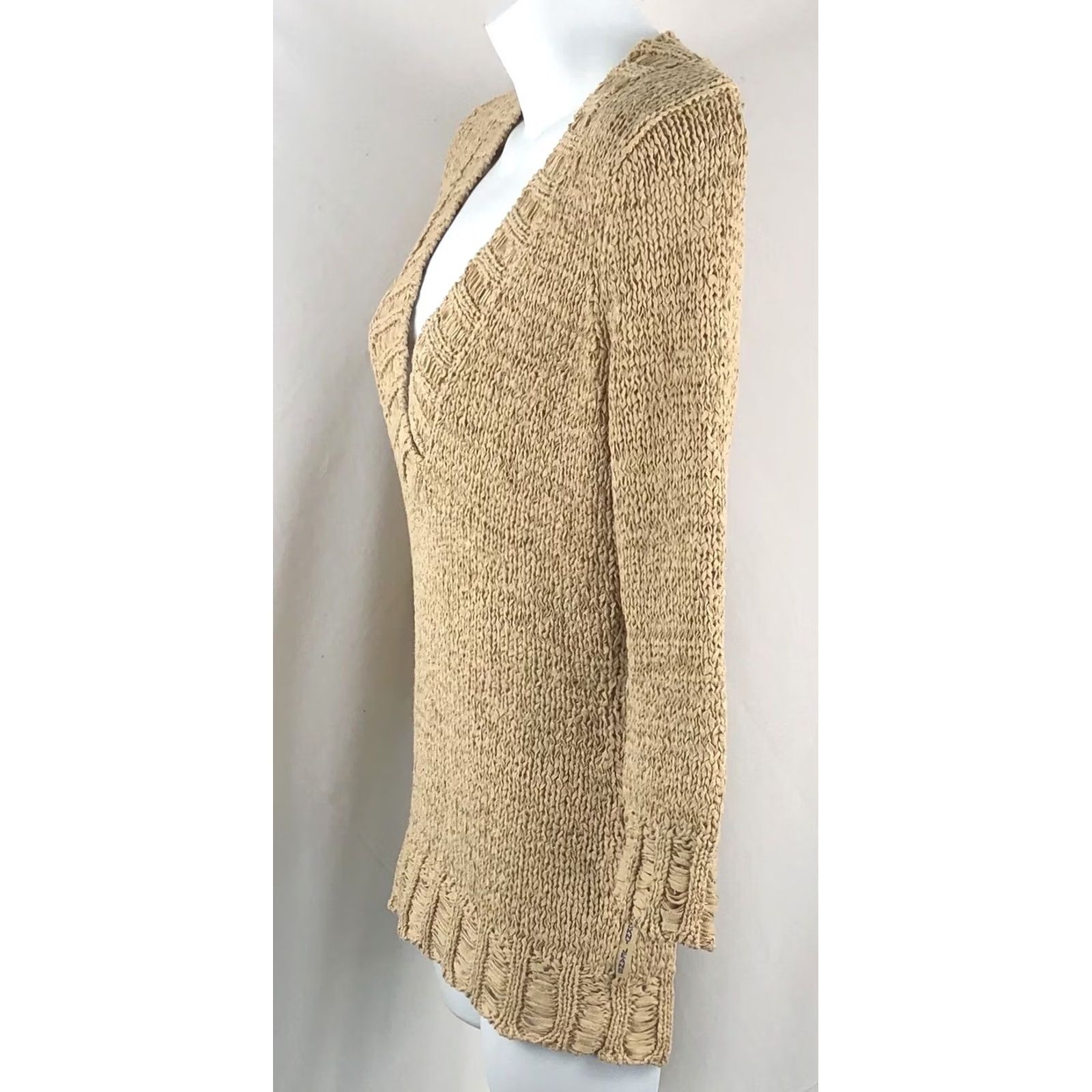 DKNY DKNY Ribbon Weave Knit Sweater XS Tan Plunge V-Neck 3/4 Sleeve Boho Y2K Cottage Bohemian Designer Womens XS Tan DKNY Ribbon Weave Knit Sweater Size XS / US 0-2 / IT 36-38 - 2 Thumbnail