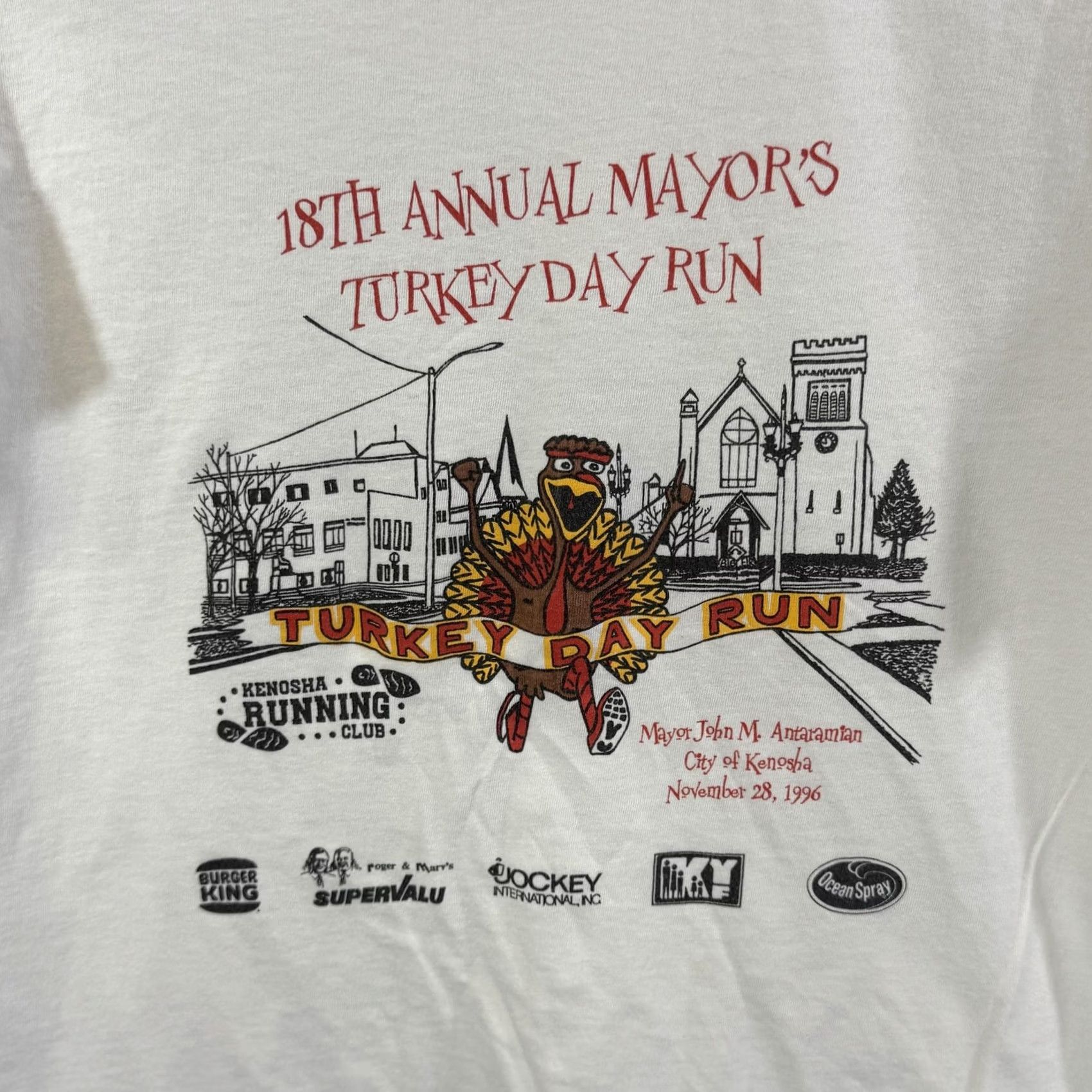 Jockey VINTAGE Turkey Day Run Shirt Mens Large Kenosha Running Club 1996 90s Tee Shirt Tee White Cotton Graphic Print Crew Neck Short Sleeve 100% Cotton N/A Size US L / EU 52-54 / 3 - 3 Thumbnail