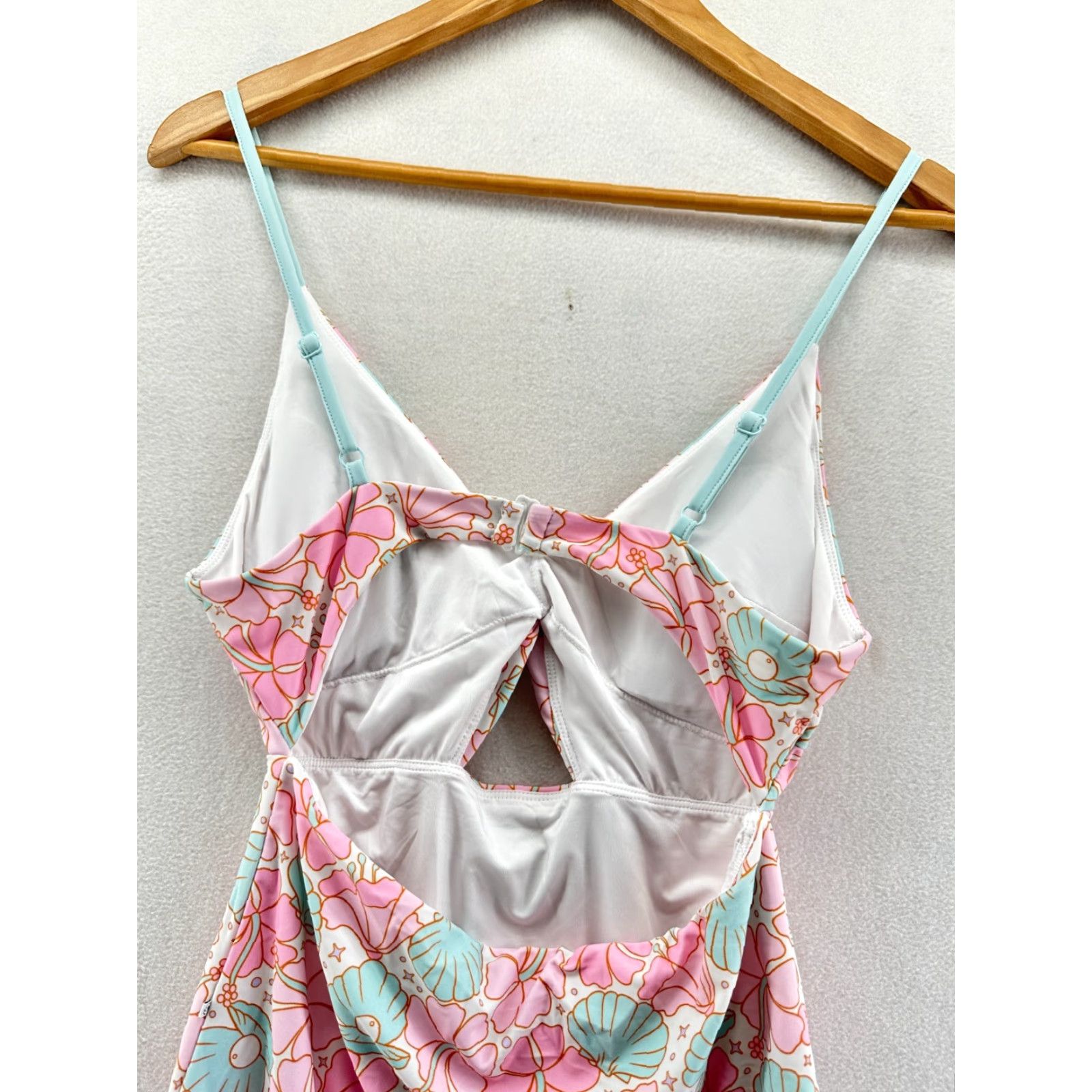 Vintage Caden Lane One-Piece Swimsuit Pink Blue Women's L Floral Spaghetti Straps Padded Stretch Beach Mermaid Size ONE SIZE - 4 Thumbnail