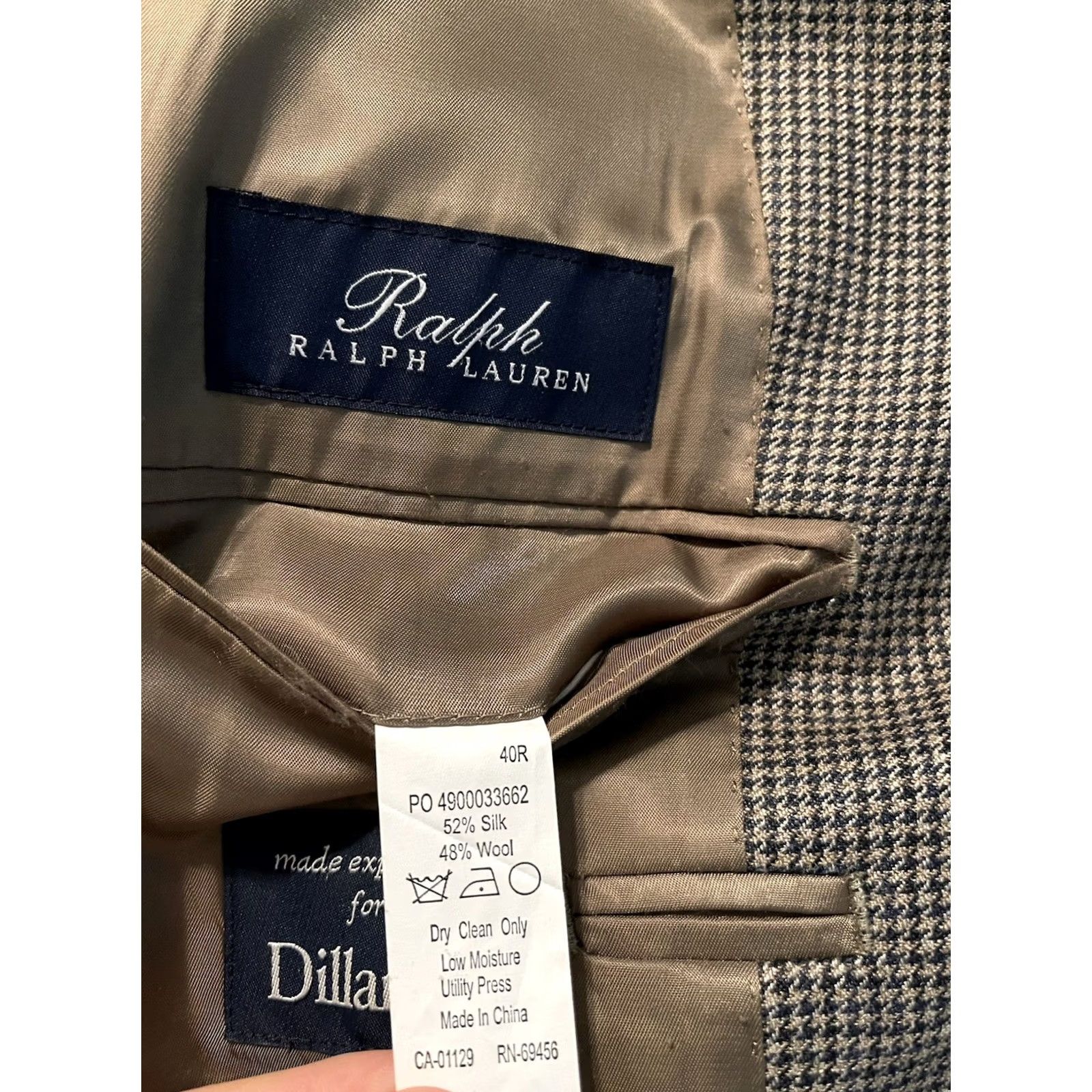 Ralph Lauren VINTAGE Ralph Lauren Blazer Shirt Coat - Houndstooth Plaid Silk Wool Beige - 40R Mens Size 40R - 5 Thumbnail