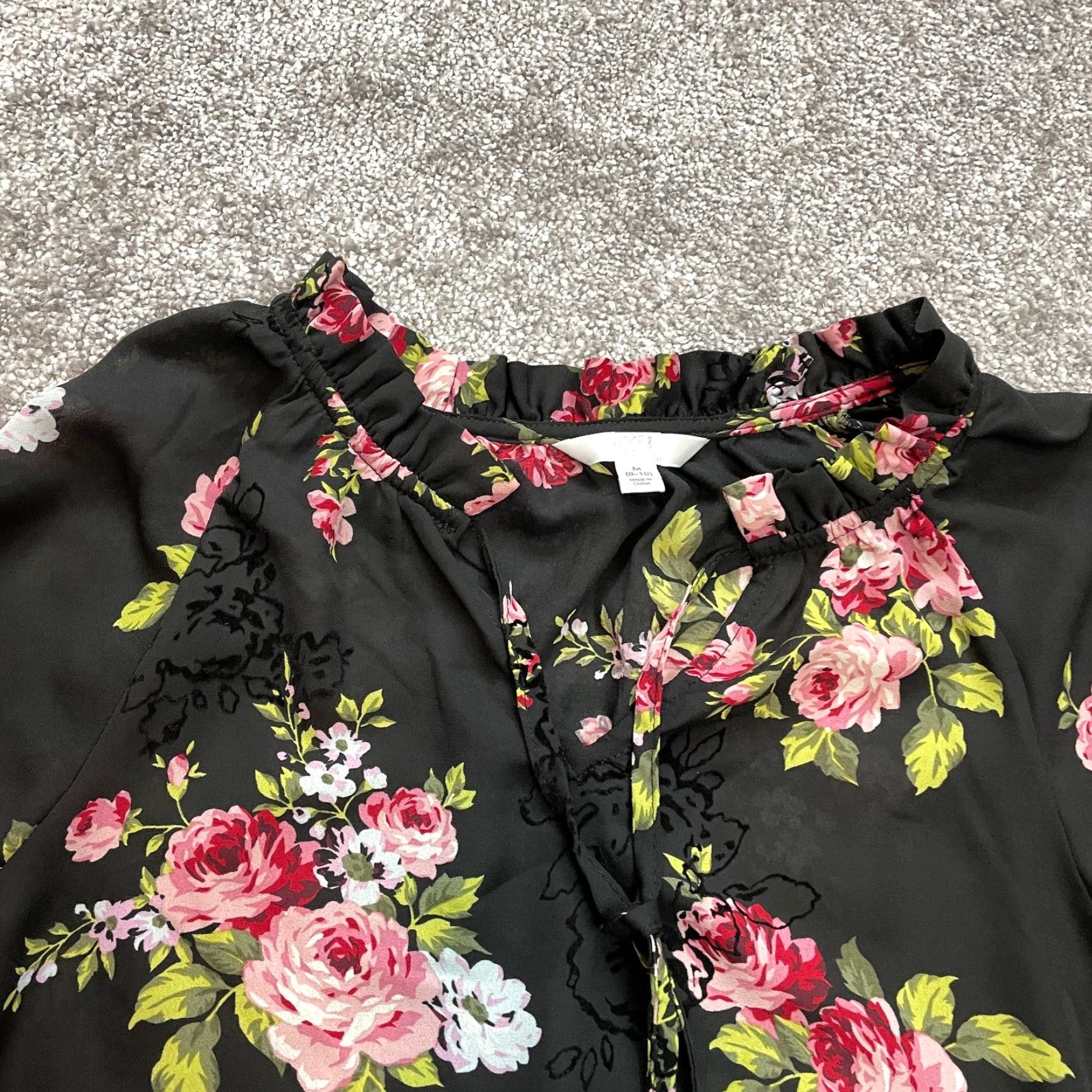 Vintage Time & True Blouse Shirt Womens Medium 8-10 Black Floral Long Sleeve Stretch Top Size M / US 6-8 / IT 42-44 - 4 Thumbnail