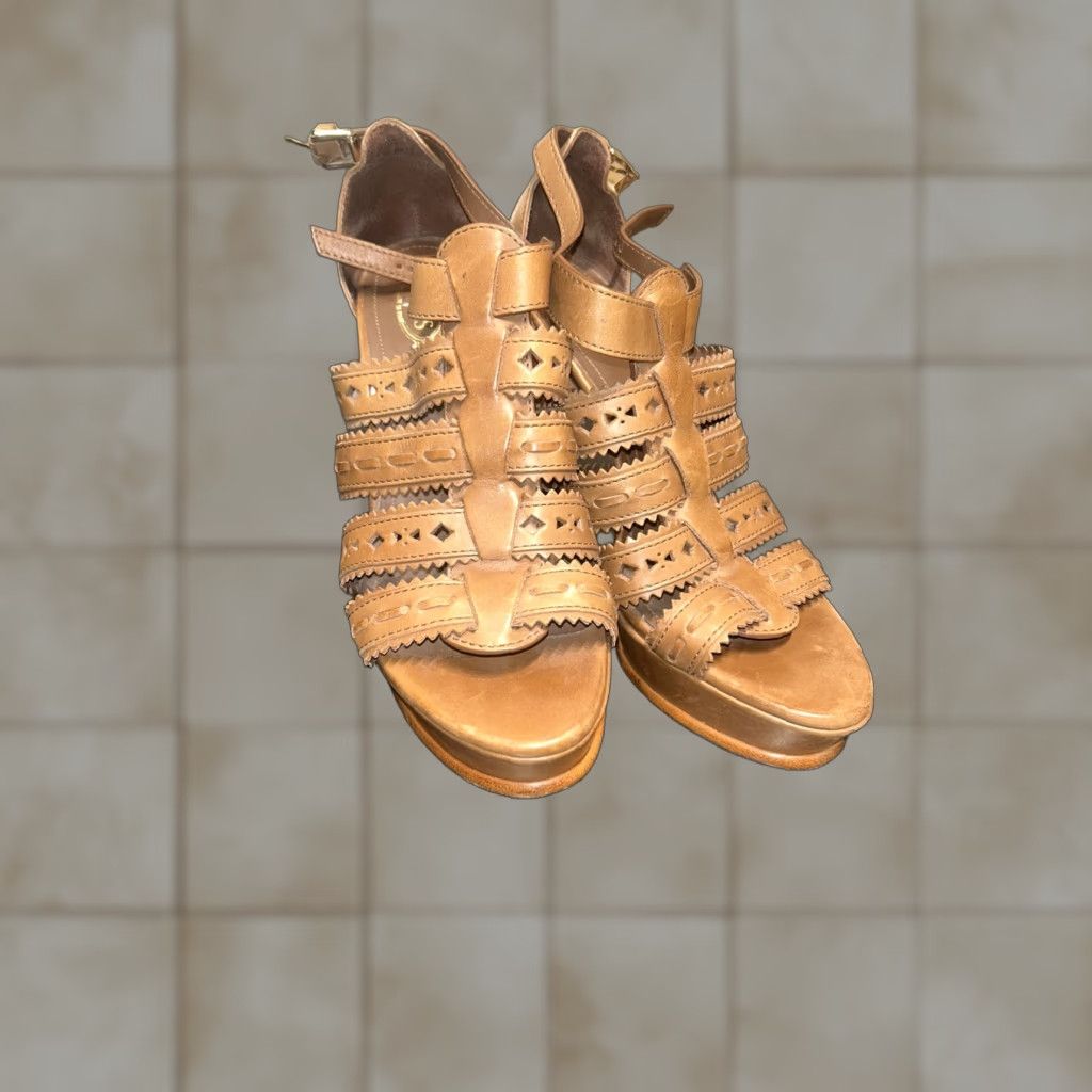 Vintage Tod's Women Sandal Gladiator Laser Cut Platform 12 Natural Brown Leather Beige US 9 38 39 - Womens Shoes Size US 9 / IT 39 - 1 Thumbnail