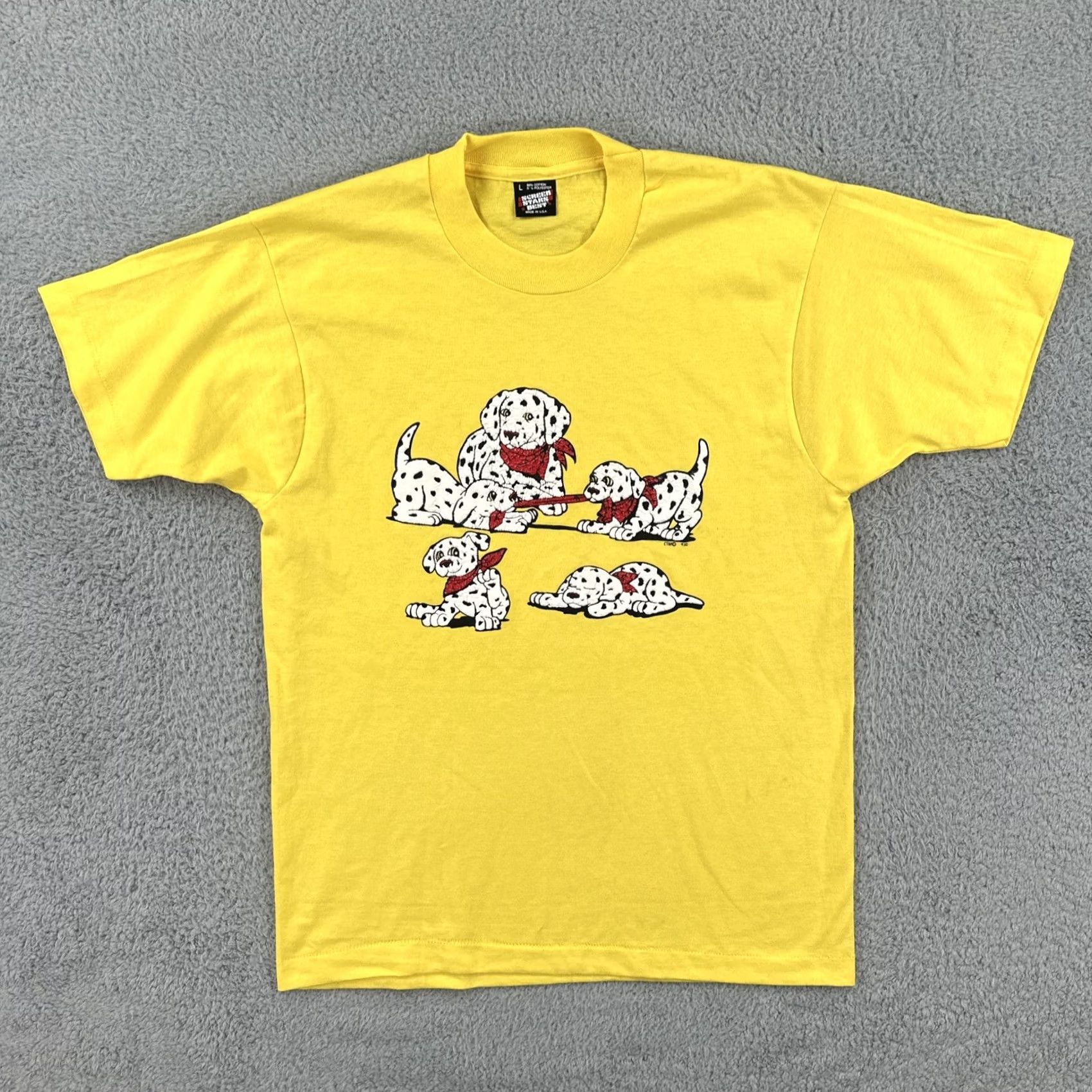 Vintage Vtg Screen Stars Best T-Shirt Yellow Dalmatian Puffy Print USA Made Crew Neck L Short Sleeve Men’s Size L Size US L / EU 52-54 / 3 - 2 Thumbnail